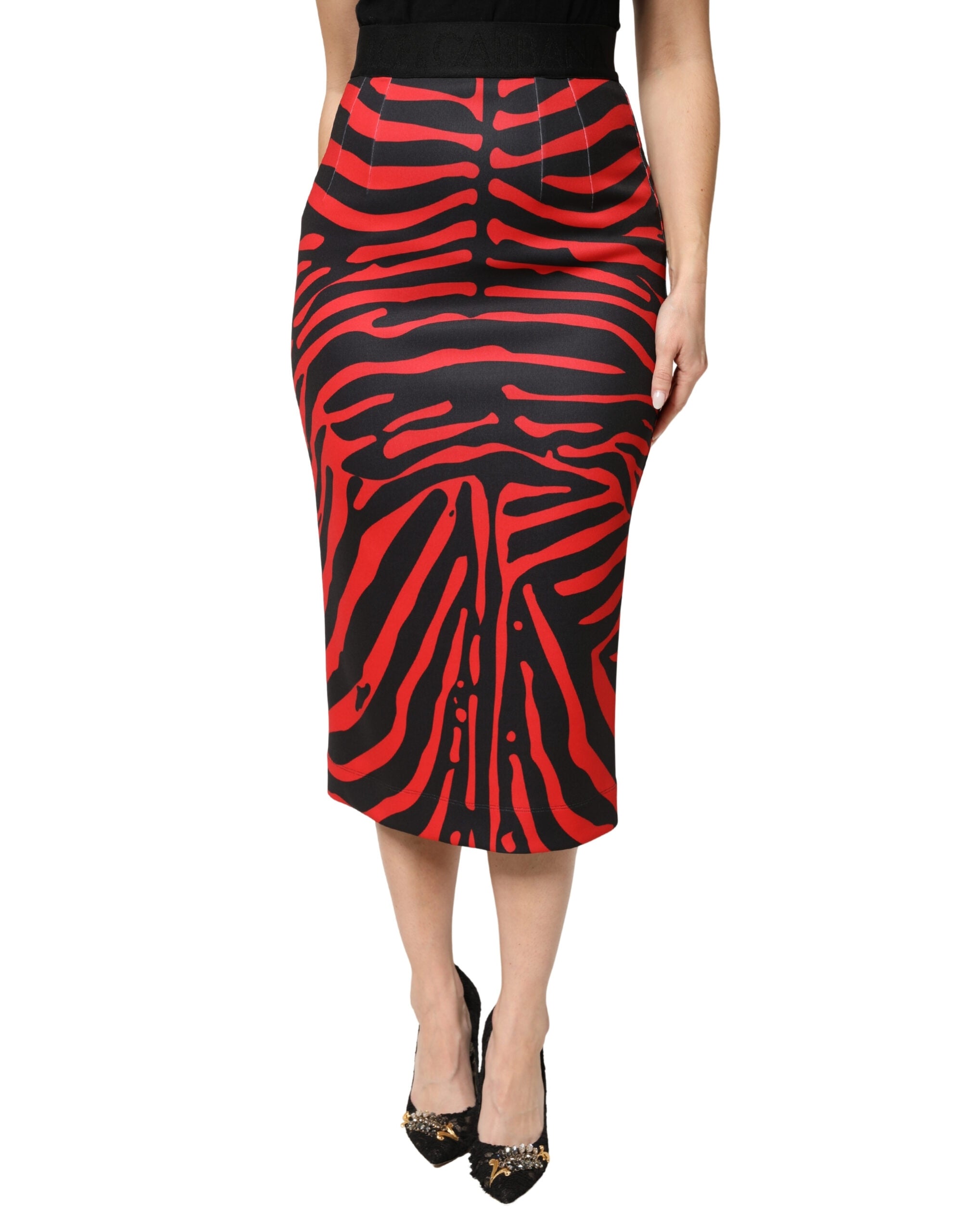Dolce & Gabbana Red Black Zebra Print Polyester Pencil Midi Skirt Dolce & Gabbana