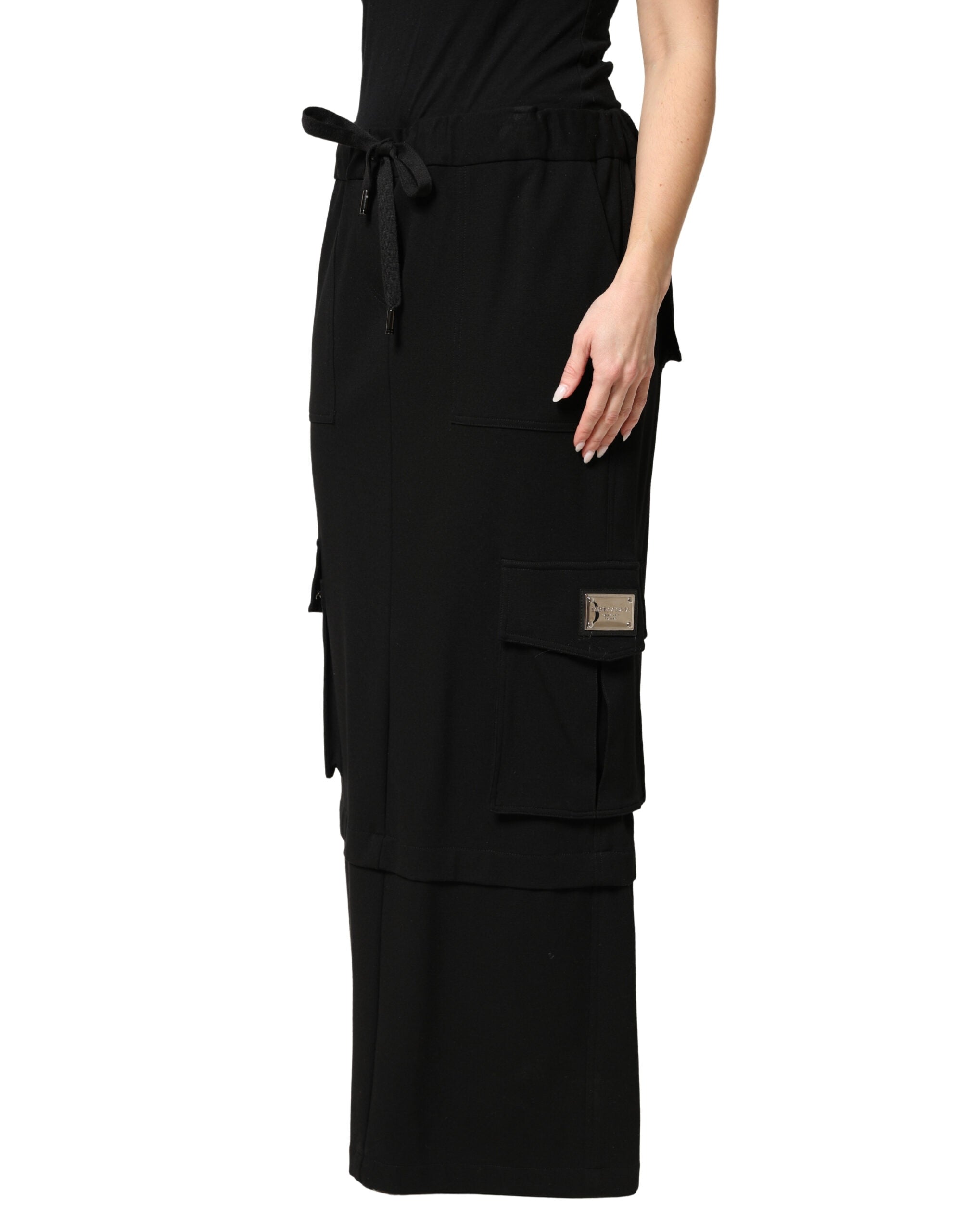 Dolce & Gabbana Black Cotton Drawstring Long Maxi Cargo Skirt Dolce & Gabbana