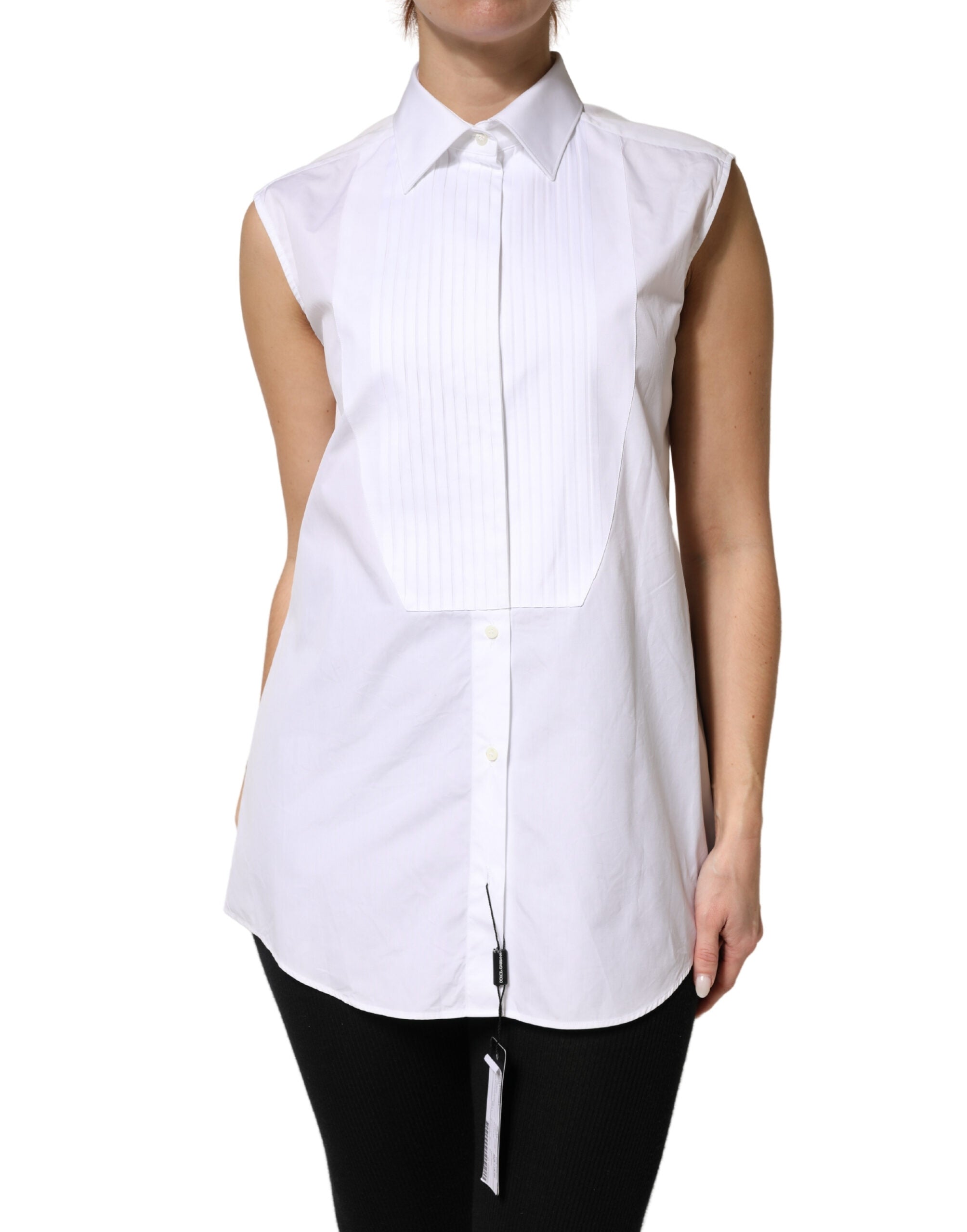 Dolce & Gabbana White Cotton Pleated Sleeveless Button Down Top Dolce & Gabbana