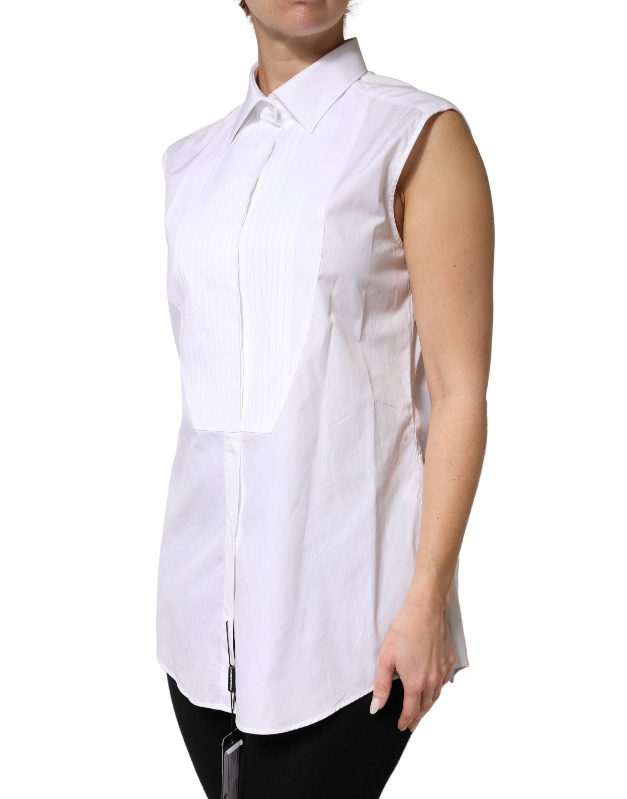 Dolce & Gabbana White Cotton Pleated Sleeveless Button Down Top Dolce & Gabbana