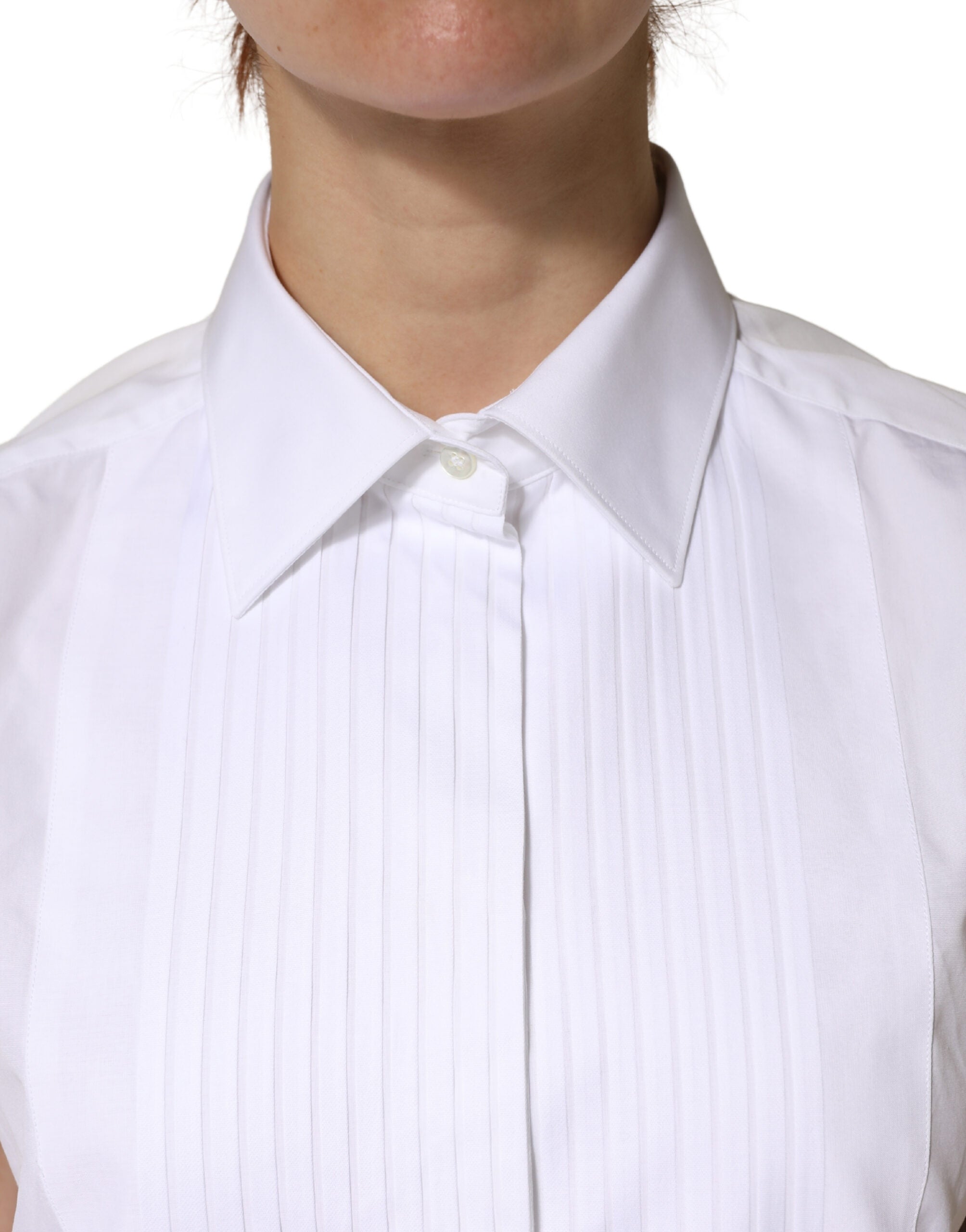 Dolce & Gabbana White Cotton Pleated Sleeveless Button Down Top Dolce & Gabbana