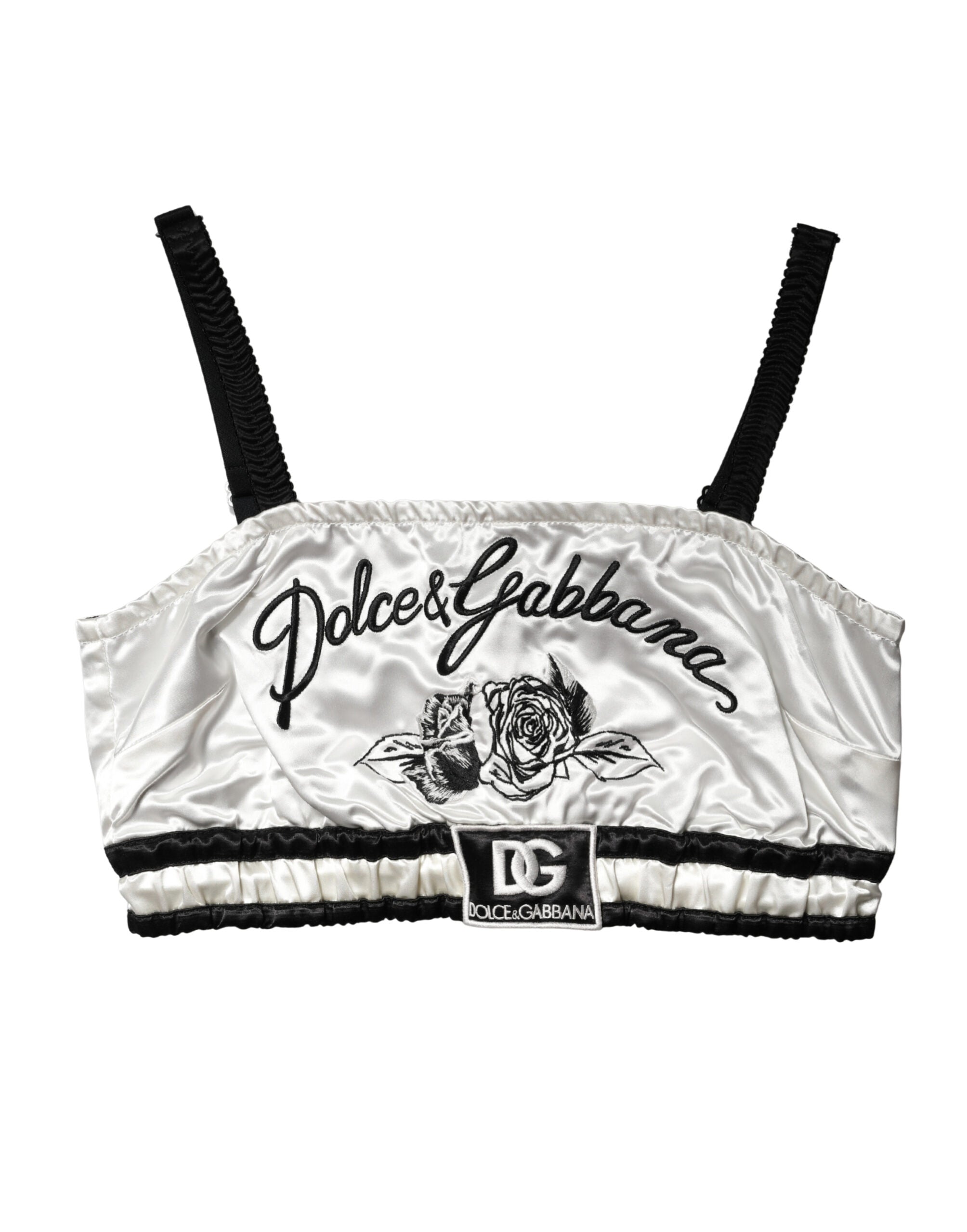 Dolce & Gabbana White Silk Satin Crop Black Logo Bralette Top Dolce & Gabbana
