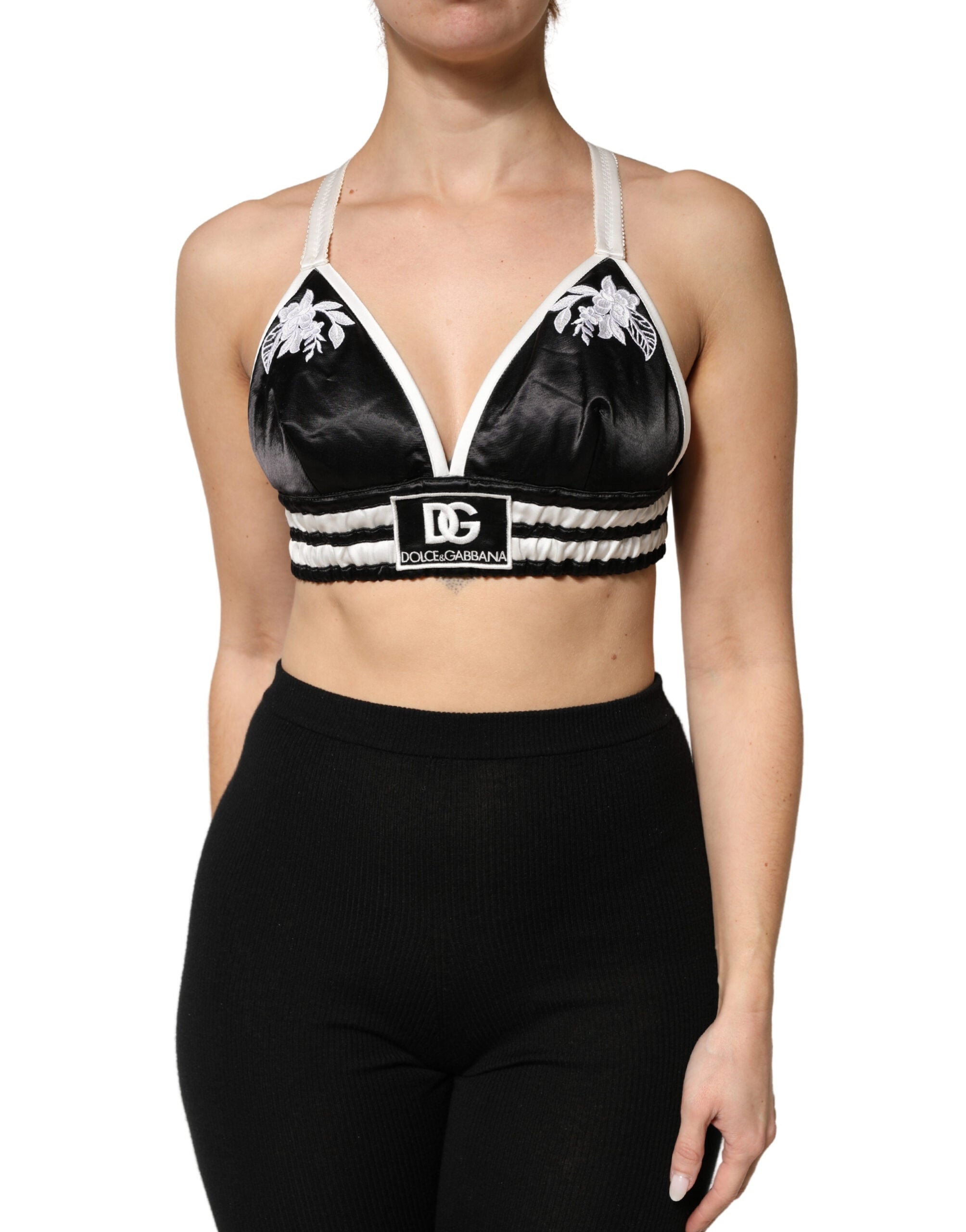 Dolce & Gabbana Black Floral Silk Satin Crop Logo Bralette Top Dolce & Gabbana