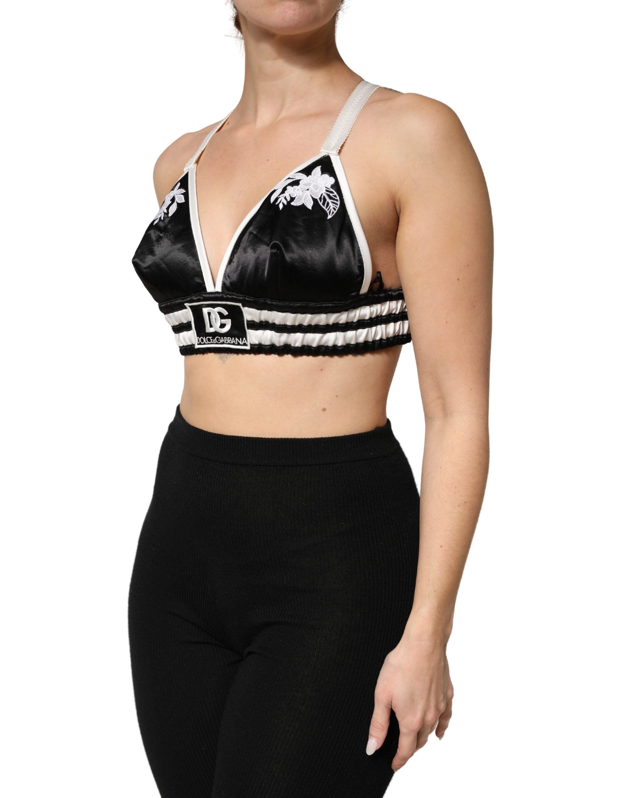 Dolce & Gabbana Black Floral Silk Satin Crop Logo Bralette Top Dolce & Gabbana