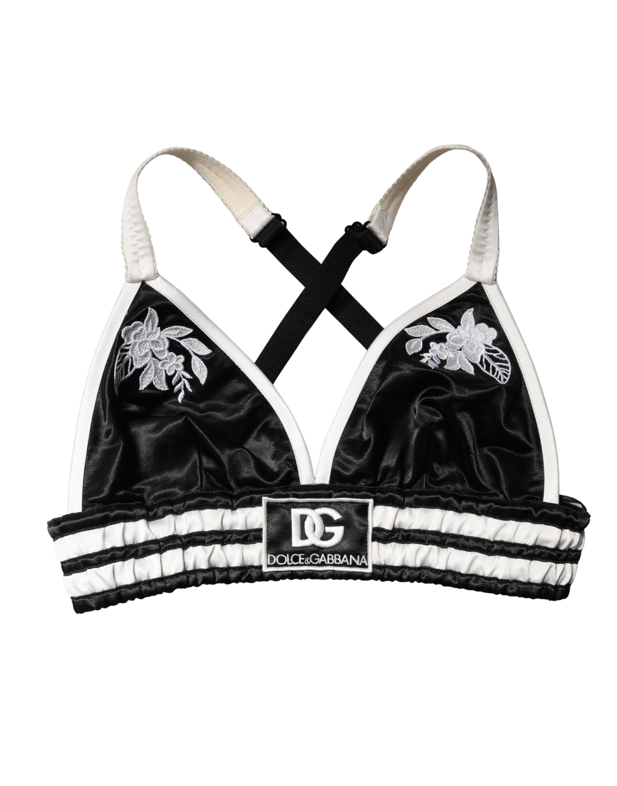 Dolce & Gabbana Black Floral Silk Satin Crop Logo Bralette Top Dolce & Gabbana