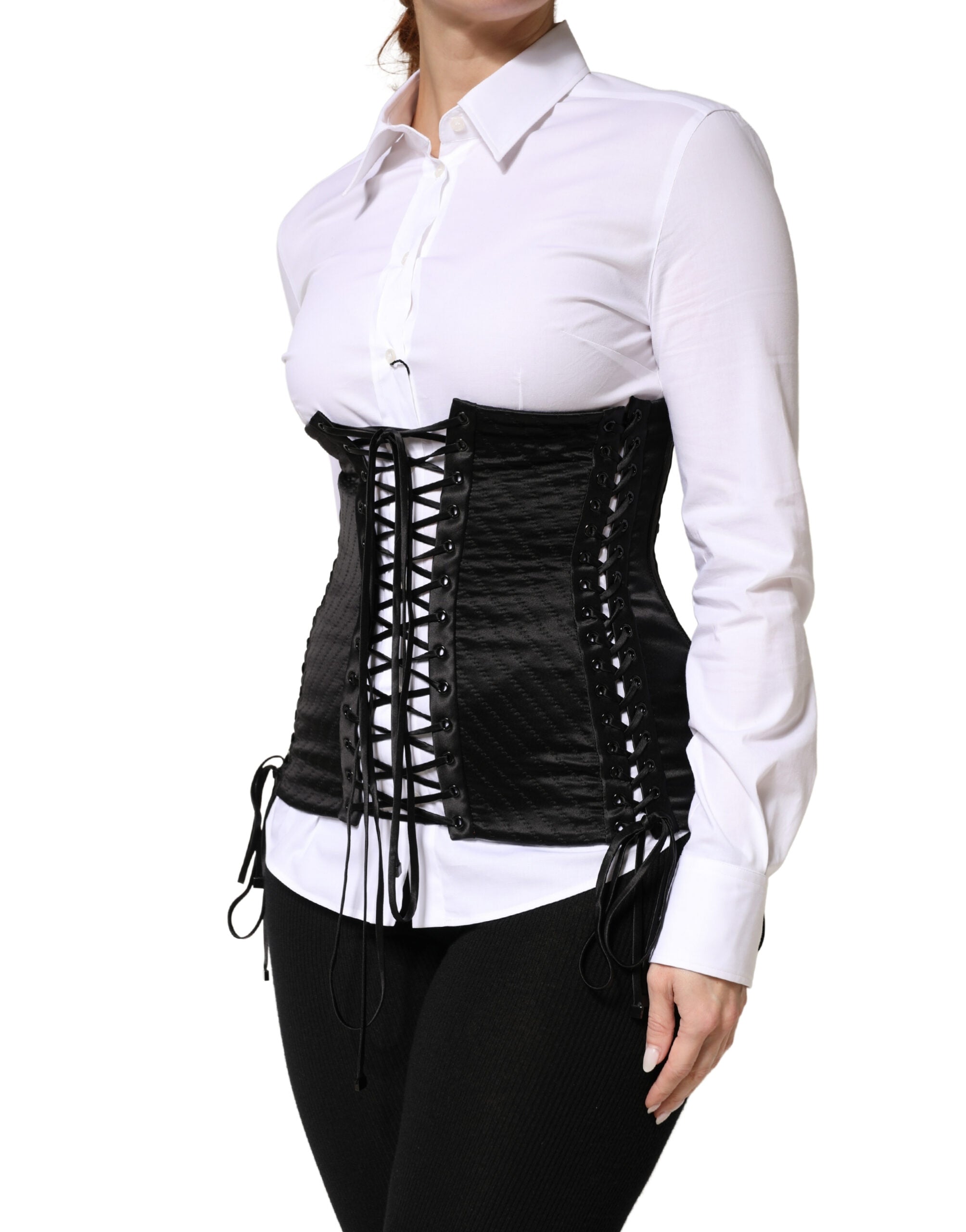 Dolce & Gabbana Black Silk Lace-Up Waist Cincher Corset Top Dolce & Gabbana