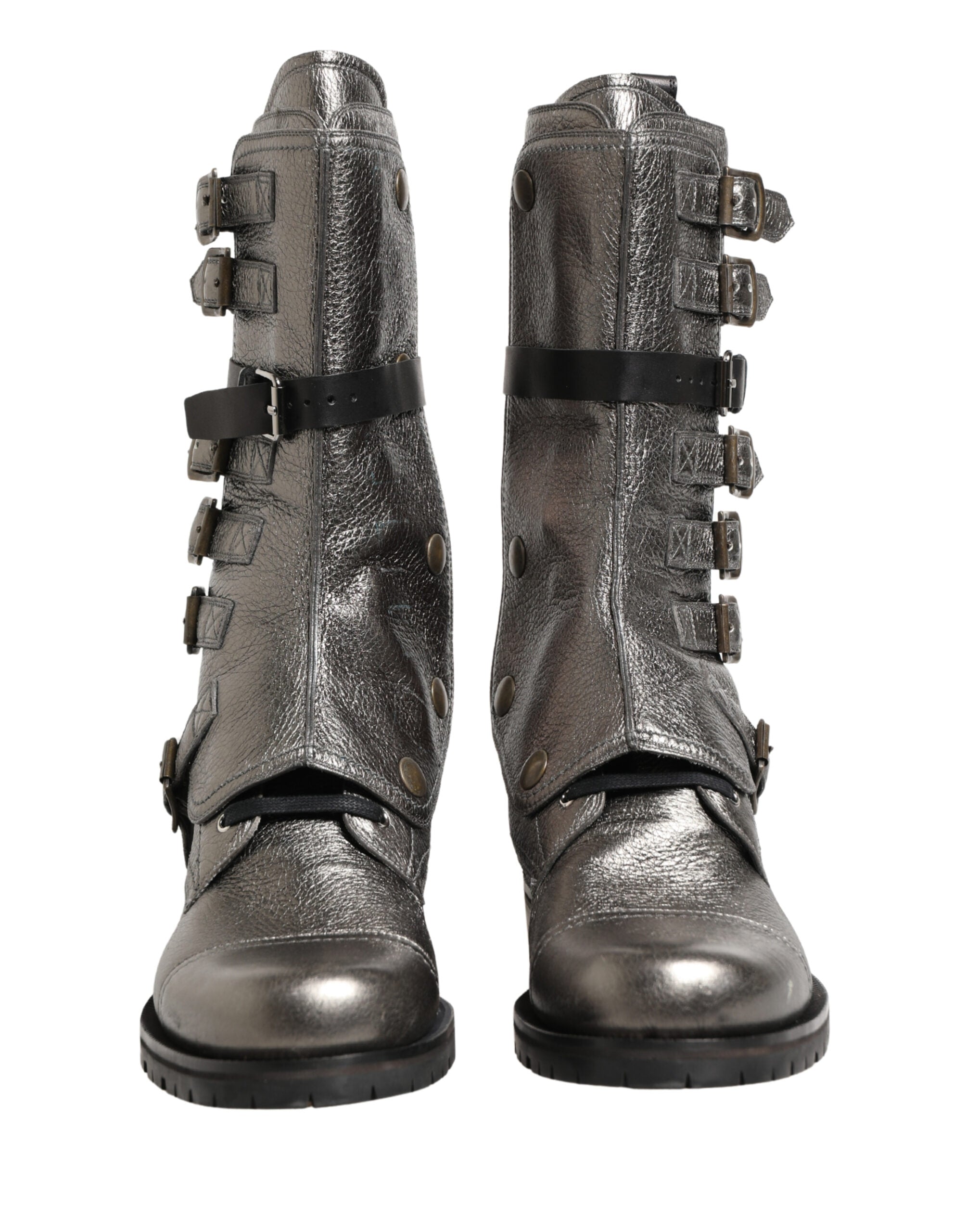 Dolce & Gabbana Metallic Leather Buckle Combat Boots Shoes Dolce & Gabbana
