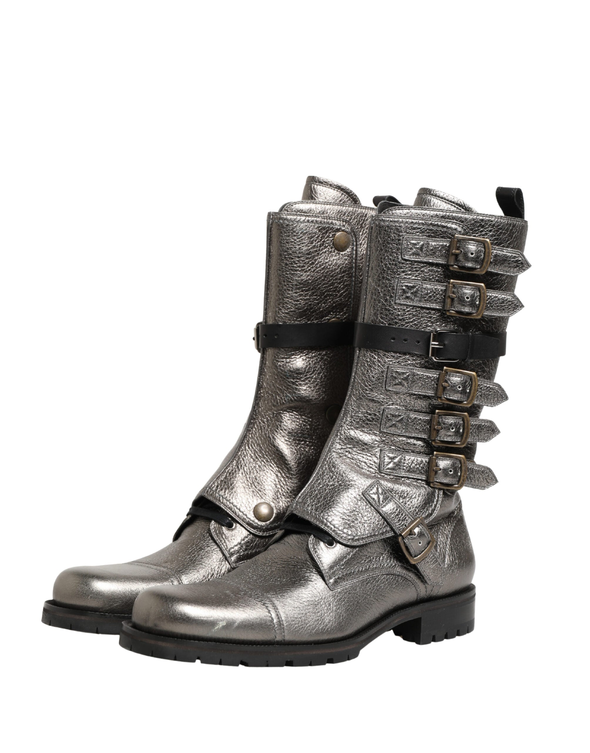Dolce & Gabbana Metallic Leather Buckle Combat Boots Shoes Dolce & Gabbana