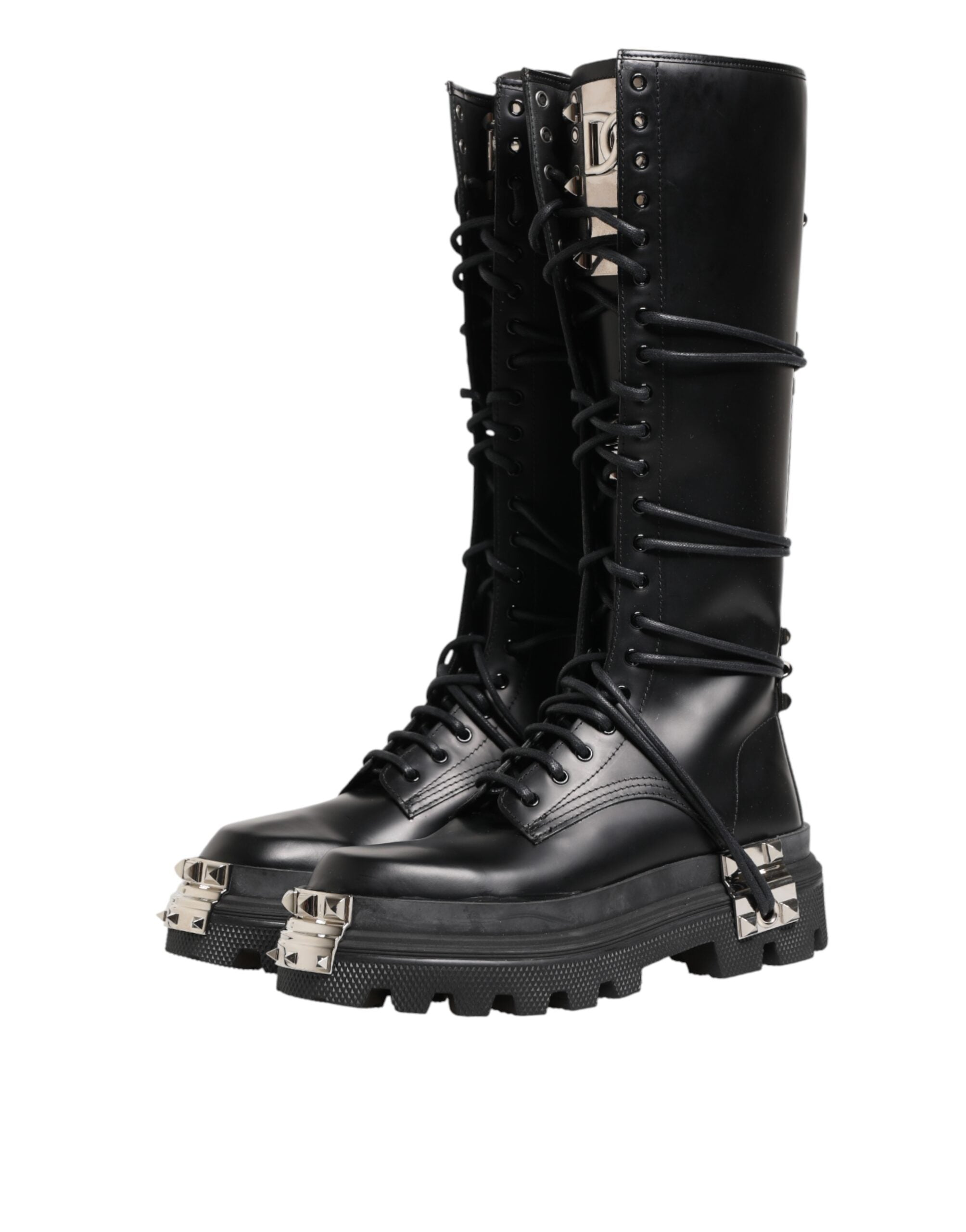 Dolce & Gabbana Black Leather Knee High Combat Boots Shoes Dolce & Gabbana