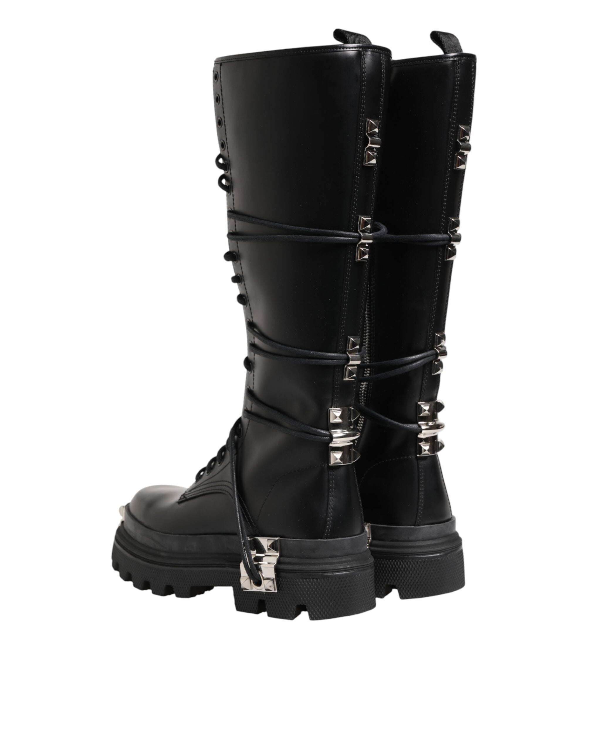 Dolce & Gabbana Black Leather Knee High Combat Boots Shoes Dolce & Gabbana
