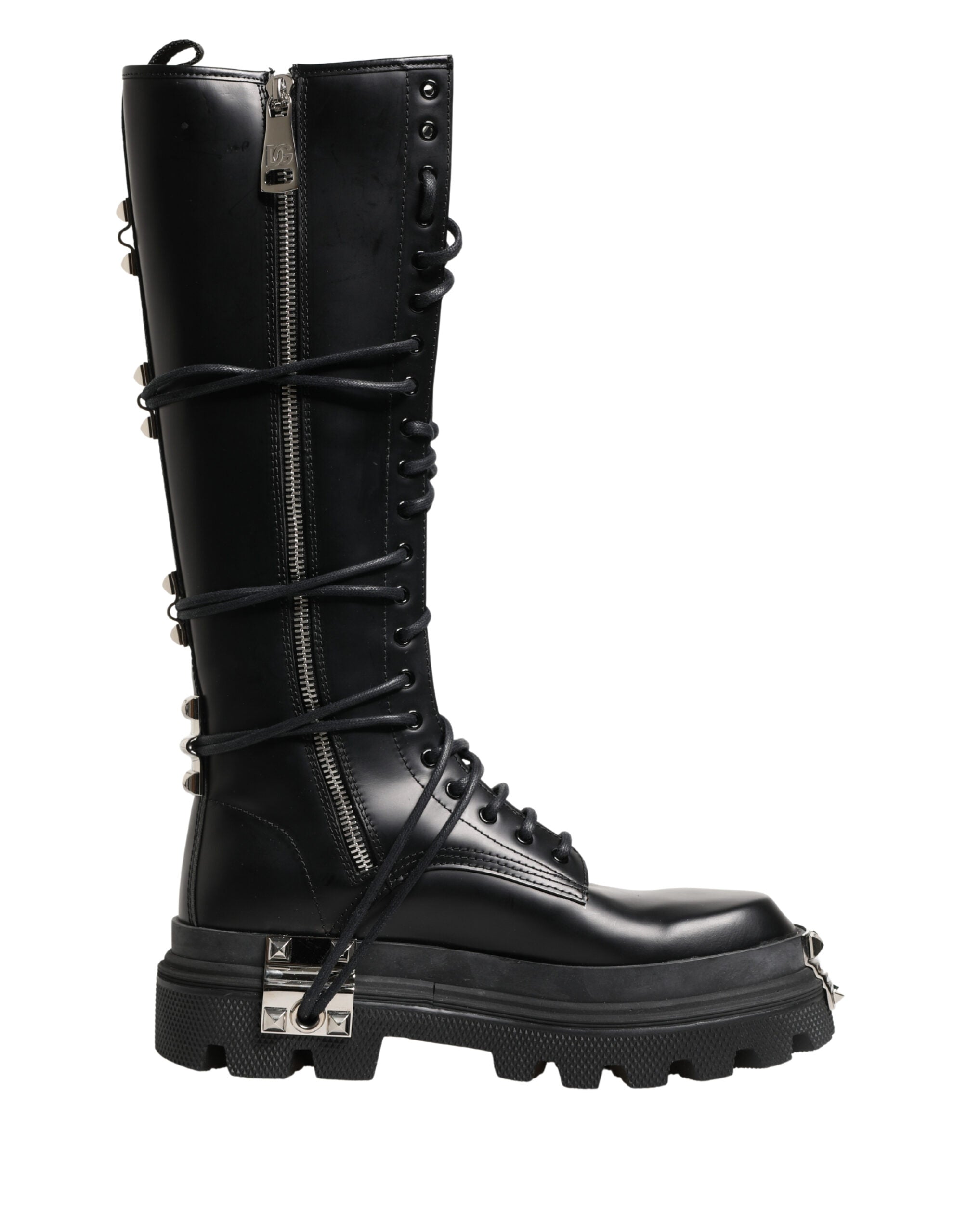 Dolce & Gabbana Black Leather Knee High Combat Boots Shoes Dolce & Gabbana