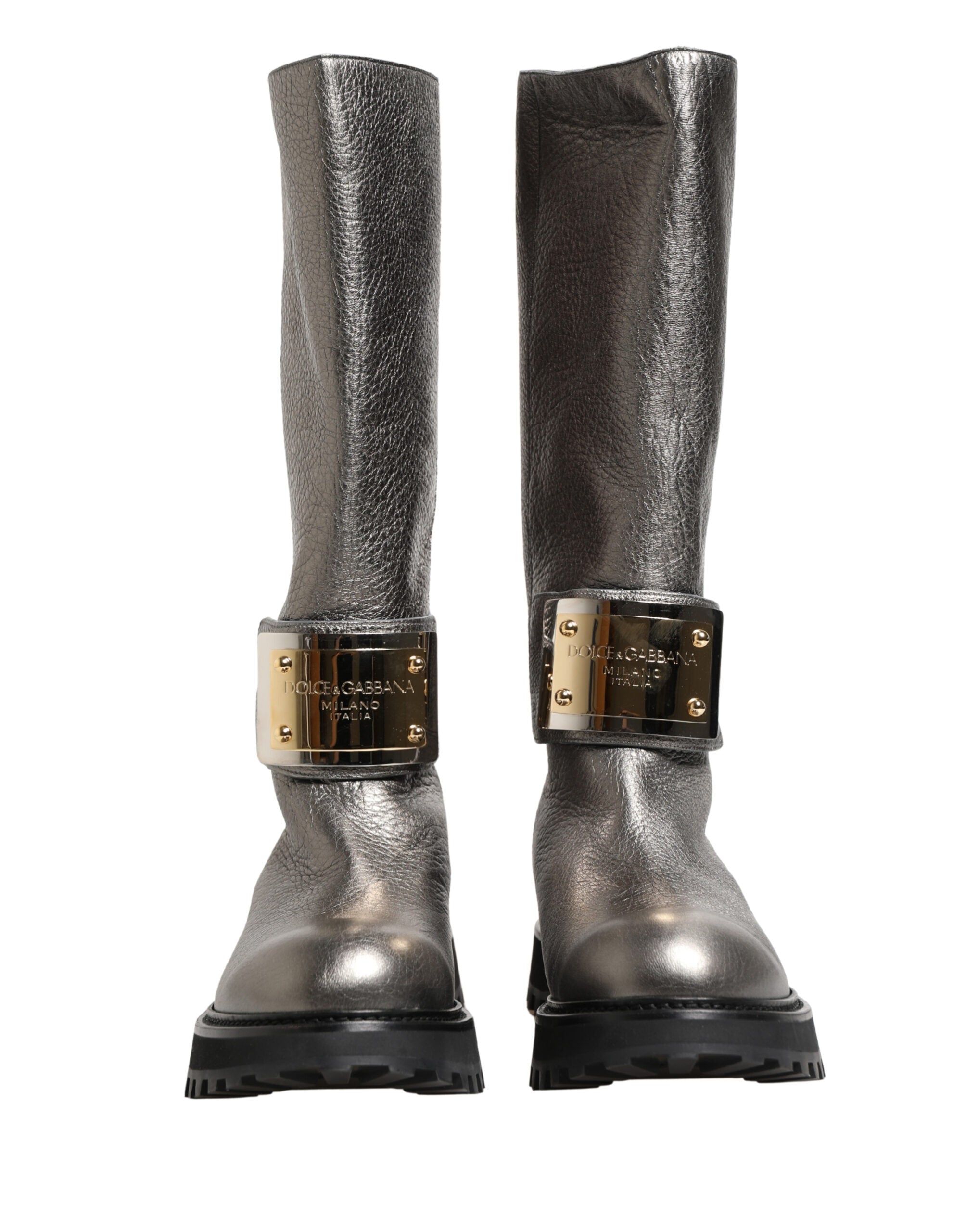 Dolce & Gabbana Metallic Silver Leather Mid Calf Boots Shoes Dolce & Gabbana