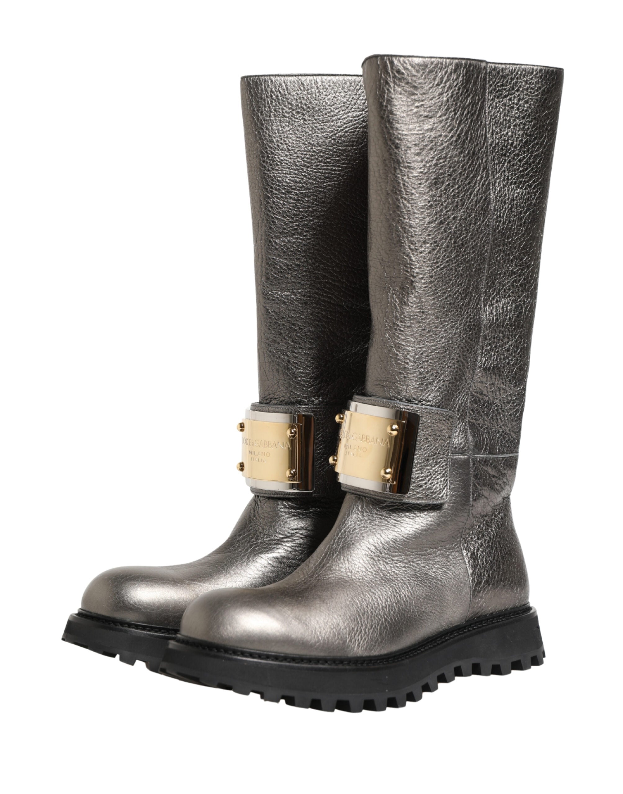 Dolce & Gabbana Metallic Silver Leather Mid Calf Boots Shoes Dolce & Gabbana