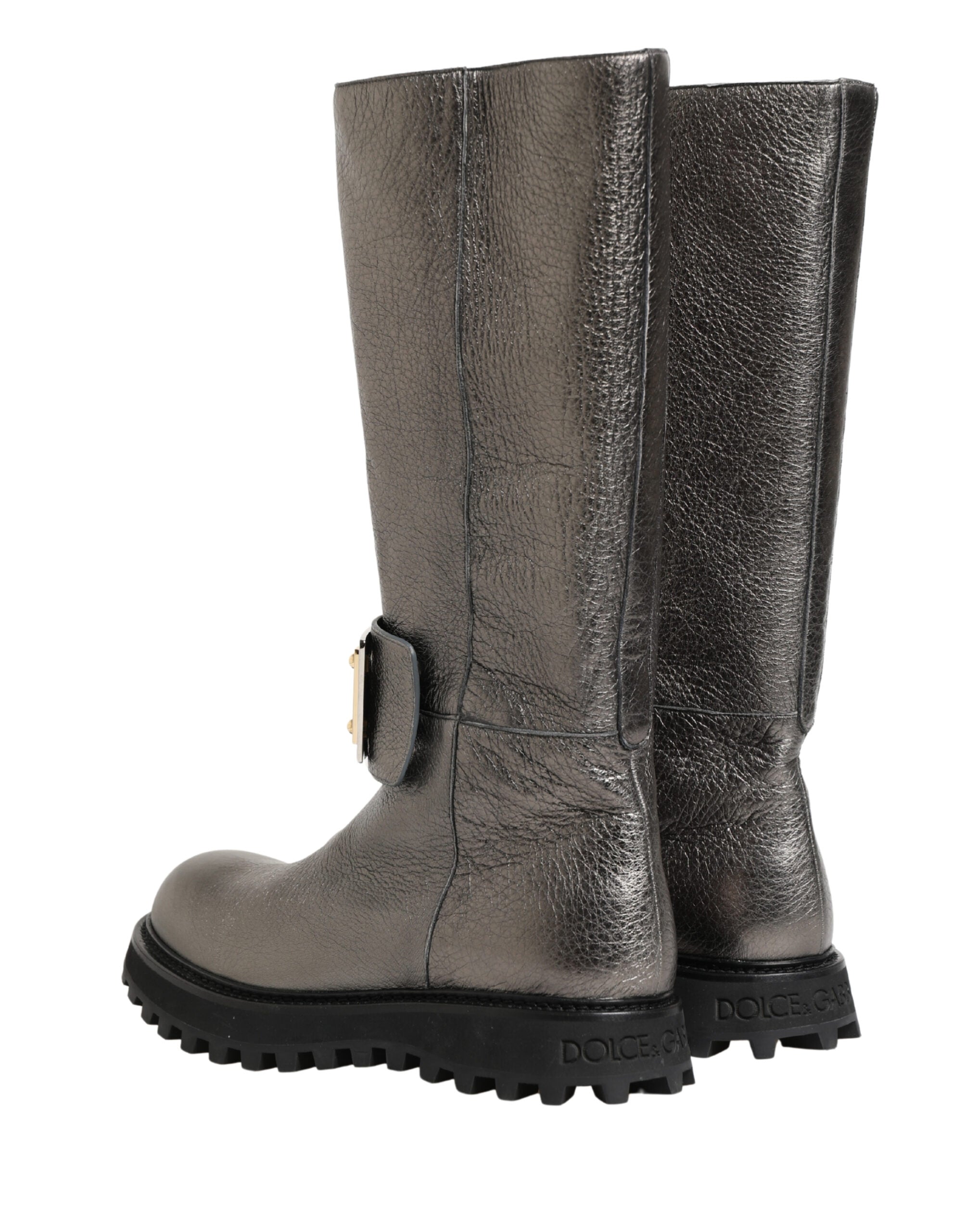 Dolce & Gabbana Metallic Silver Leather Mid Calf Boots Shoes Dolce & Gabbana