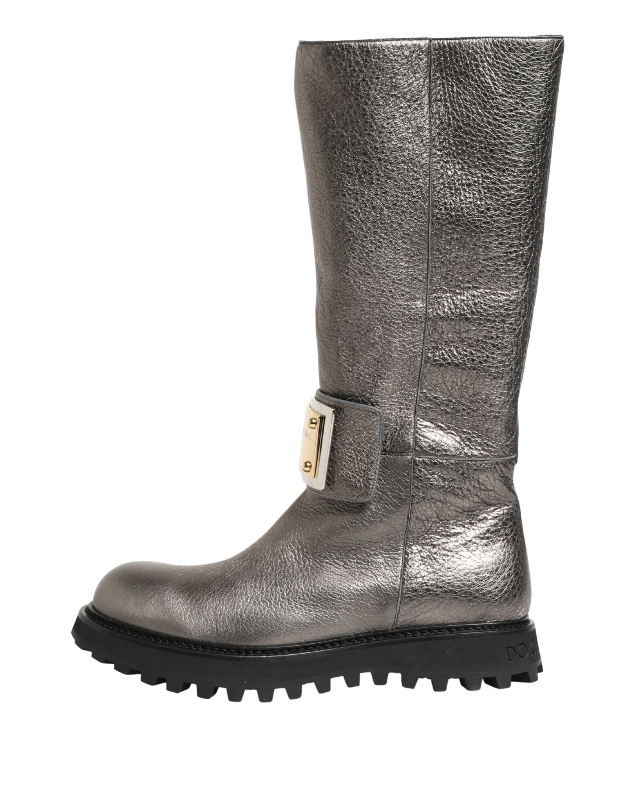 Dolce & Gabbana Metallic Silver Leather Mid Calf Boots Shoes Dolce & Gabbana