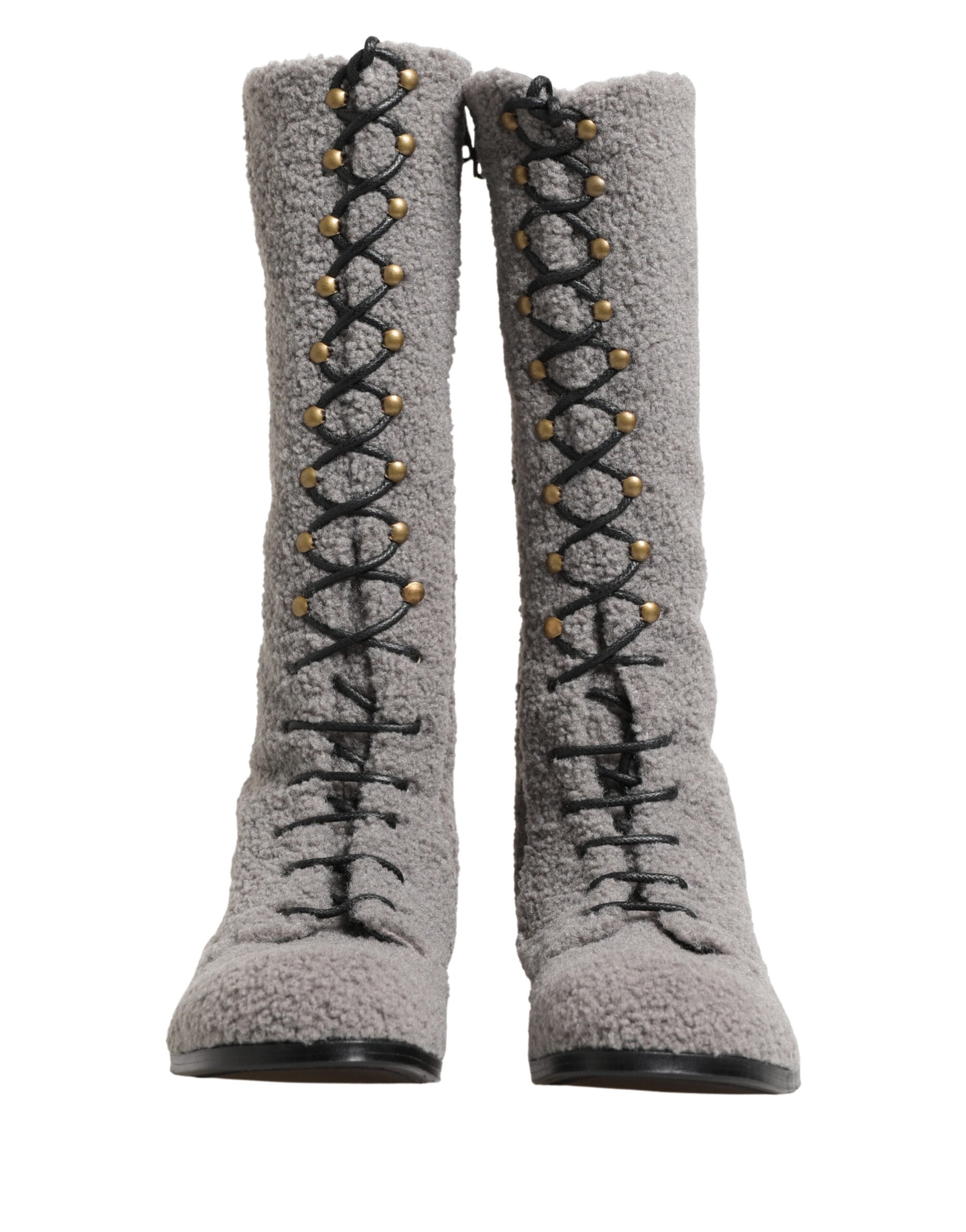 Dolce & Gabbana Gray Shearling Lace Up Knee High Boots Shoes Dolce & Gabbana