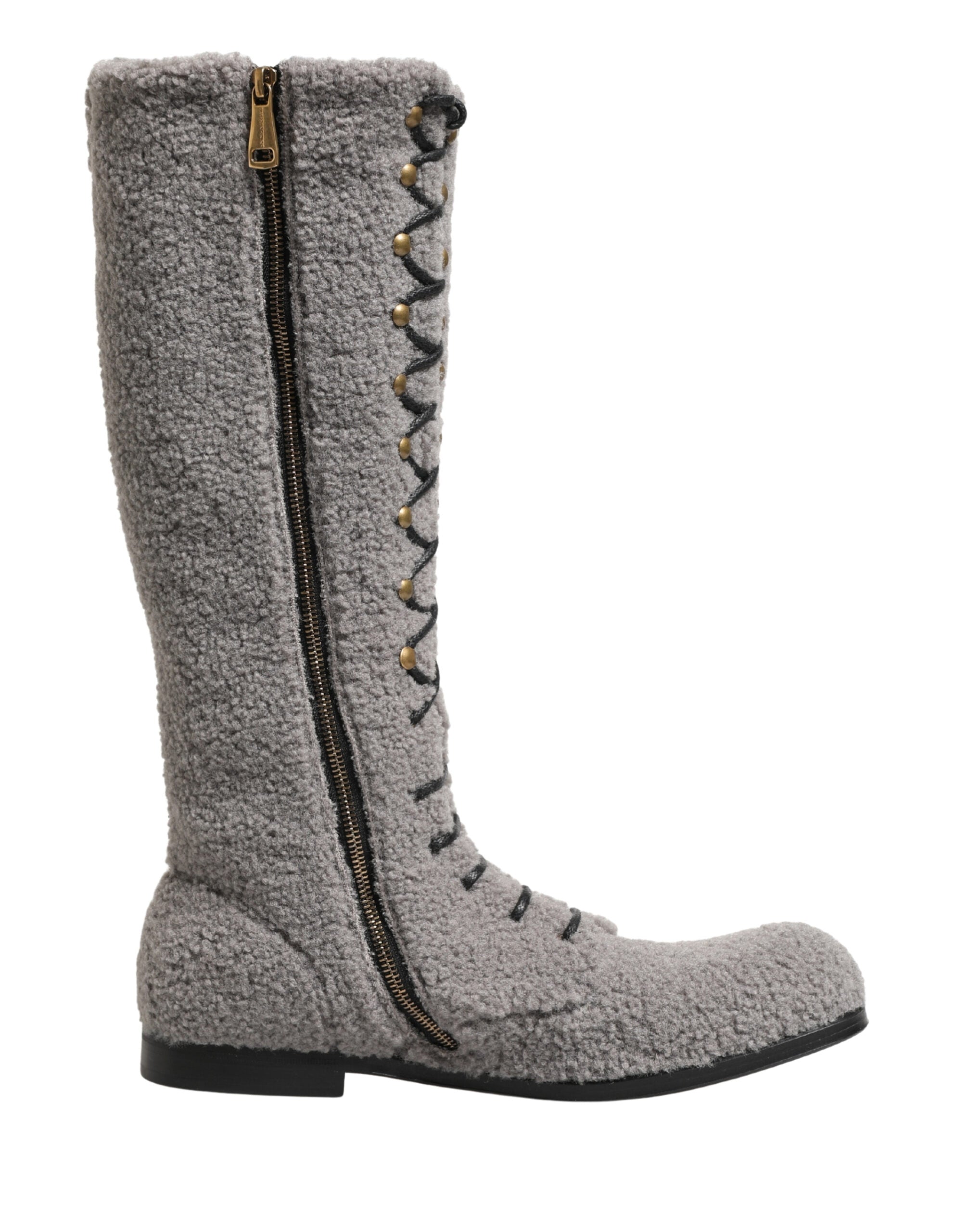 Dolce & Gabbana Gray Shearling Lace Up Knee High Boots Shoes Dolce & Gabbana