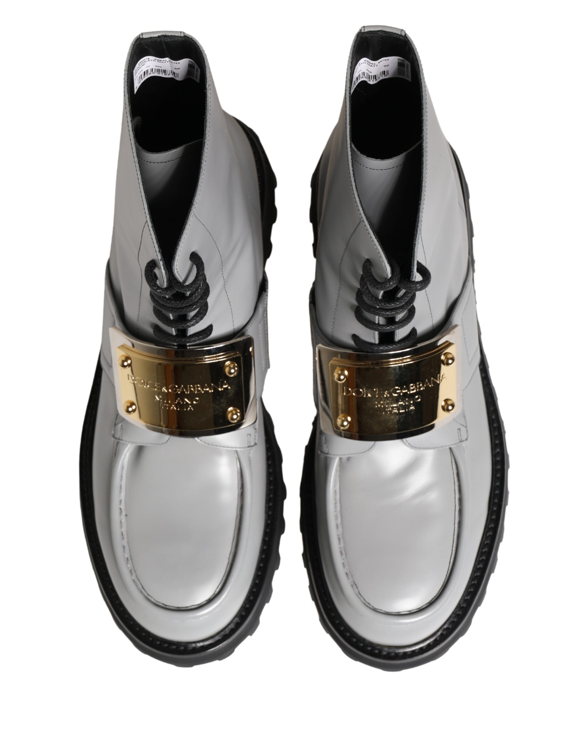 Dolce & Gabbana Gray Leather Logo Plaque Ankle Boots Shoes Dolce & Gabbana