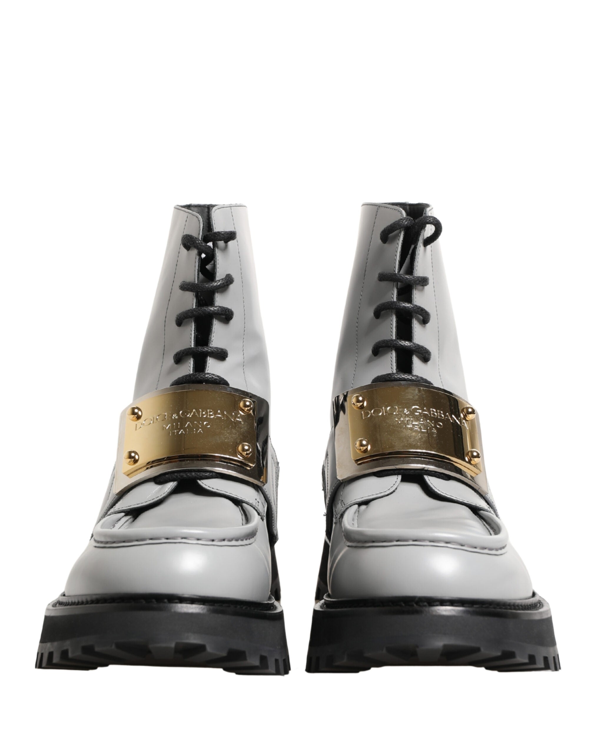 Dolce & Gabbana Gray Leather Logo Plaque Ankle Boots Shoes Dolce & Gabbana