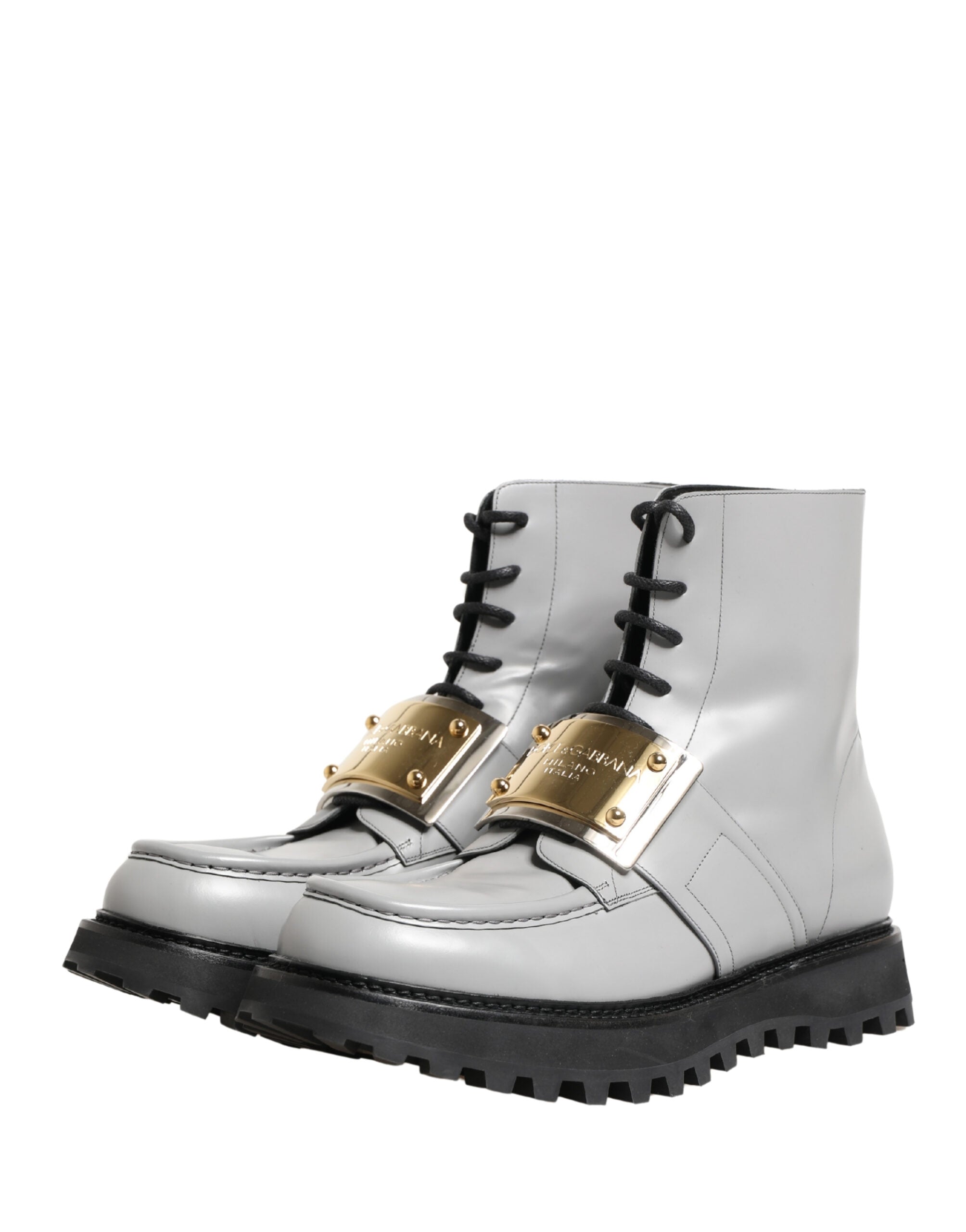 Dolce & Gabbana Gray Leather Logo Plaque Ankle Boots Shoes Dolce & Gabbana