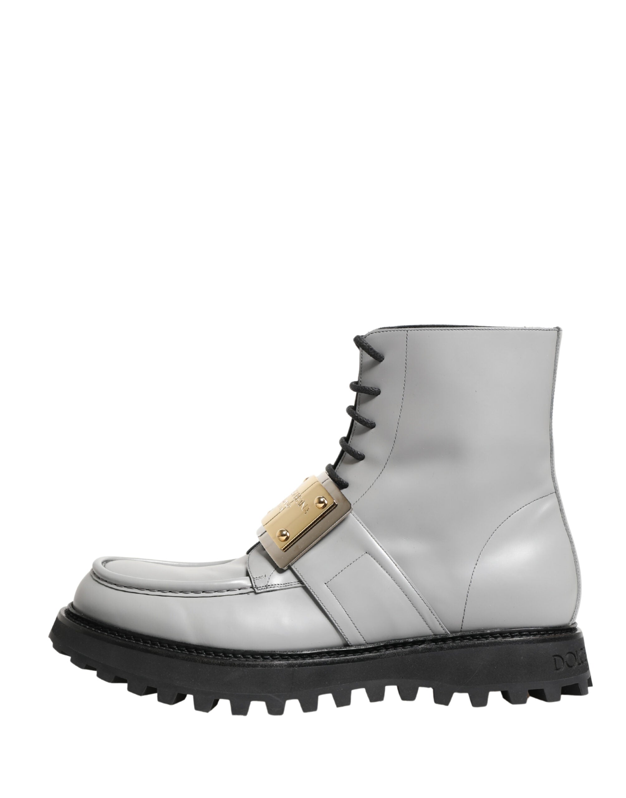 Dolce & Gabbana Gray Leather Logo Plaque Ankle Boots Shoes Dolce & Gabbana