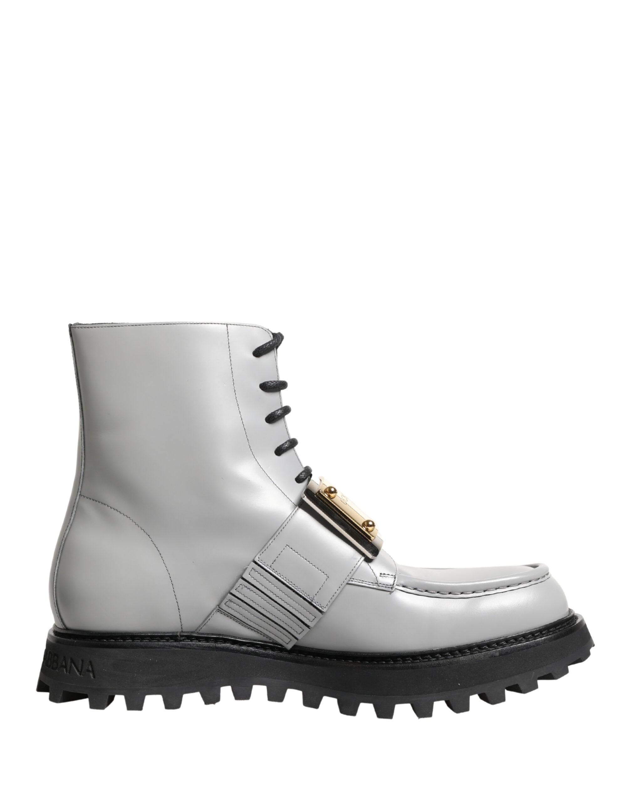 Dolce & Gabbana Gray Leather Logo Plaque Ankle Boots Shoes Dolce & Gabbana