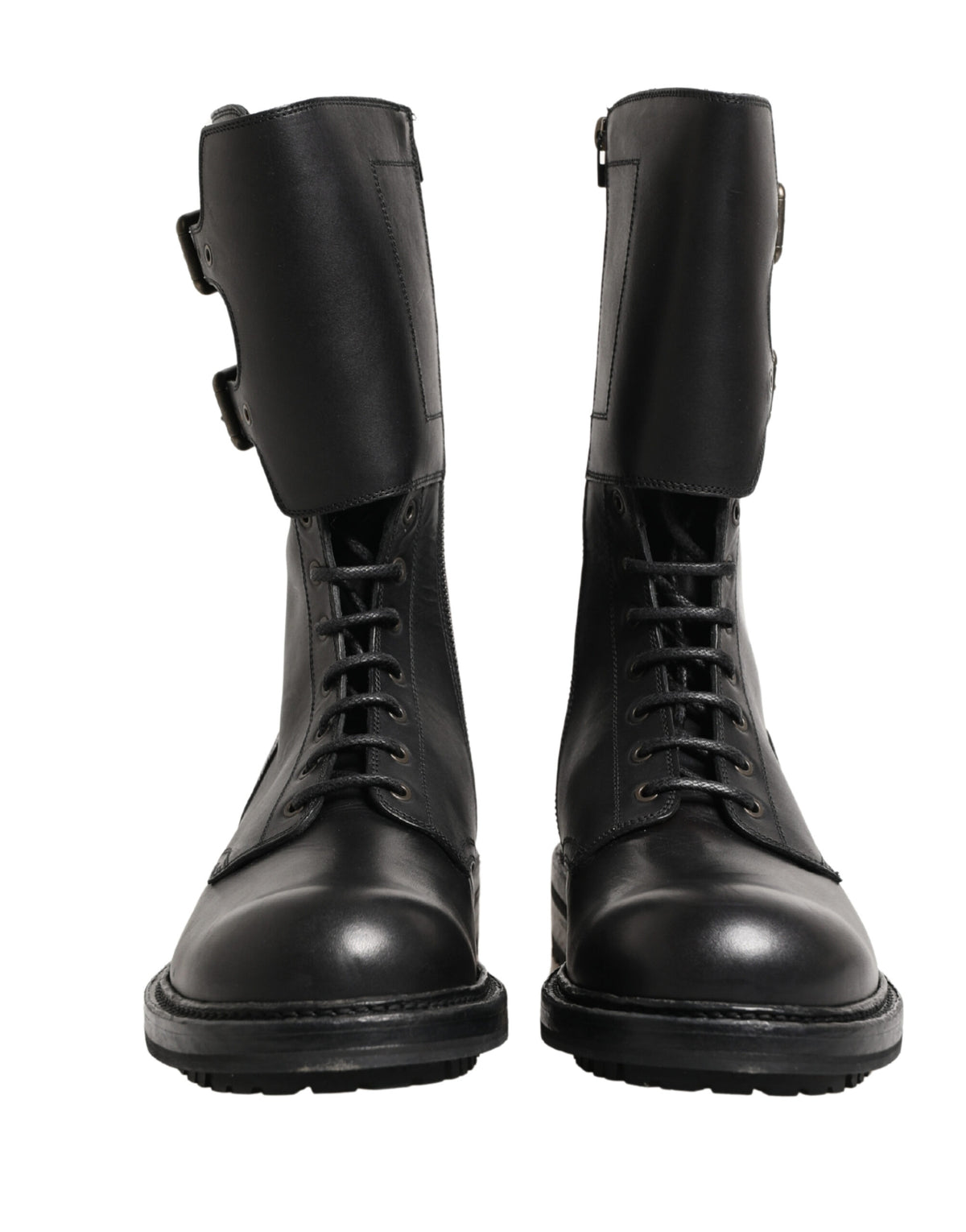 Dolce & Gabbana Black Leather Belted Buckle Combat Boots Shoes