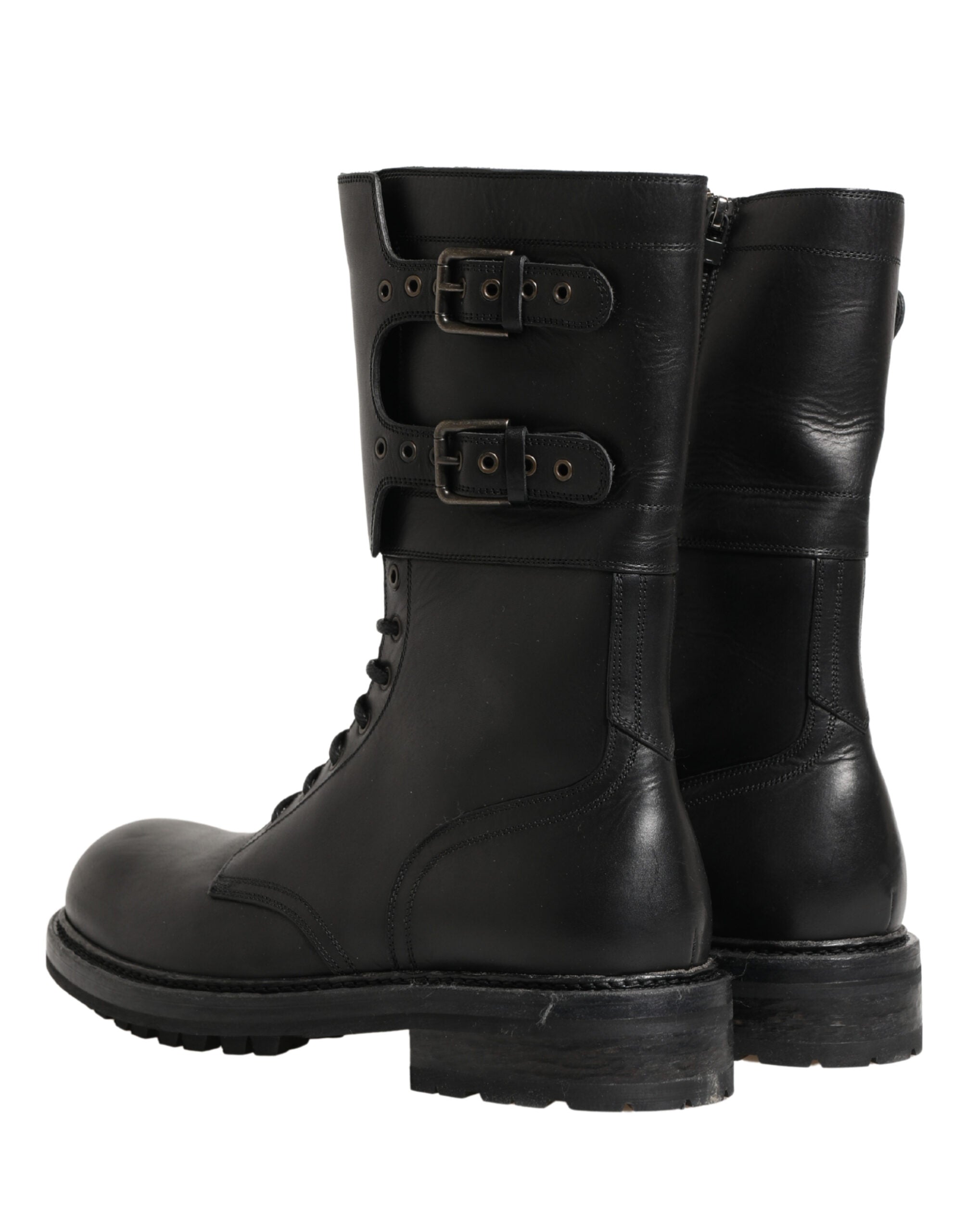 Dolce & Gabbana Black Leather Belted Buckle Combat Boots Shoes Dolce & Gabbana