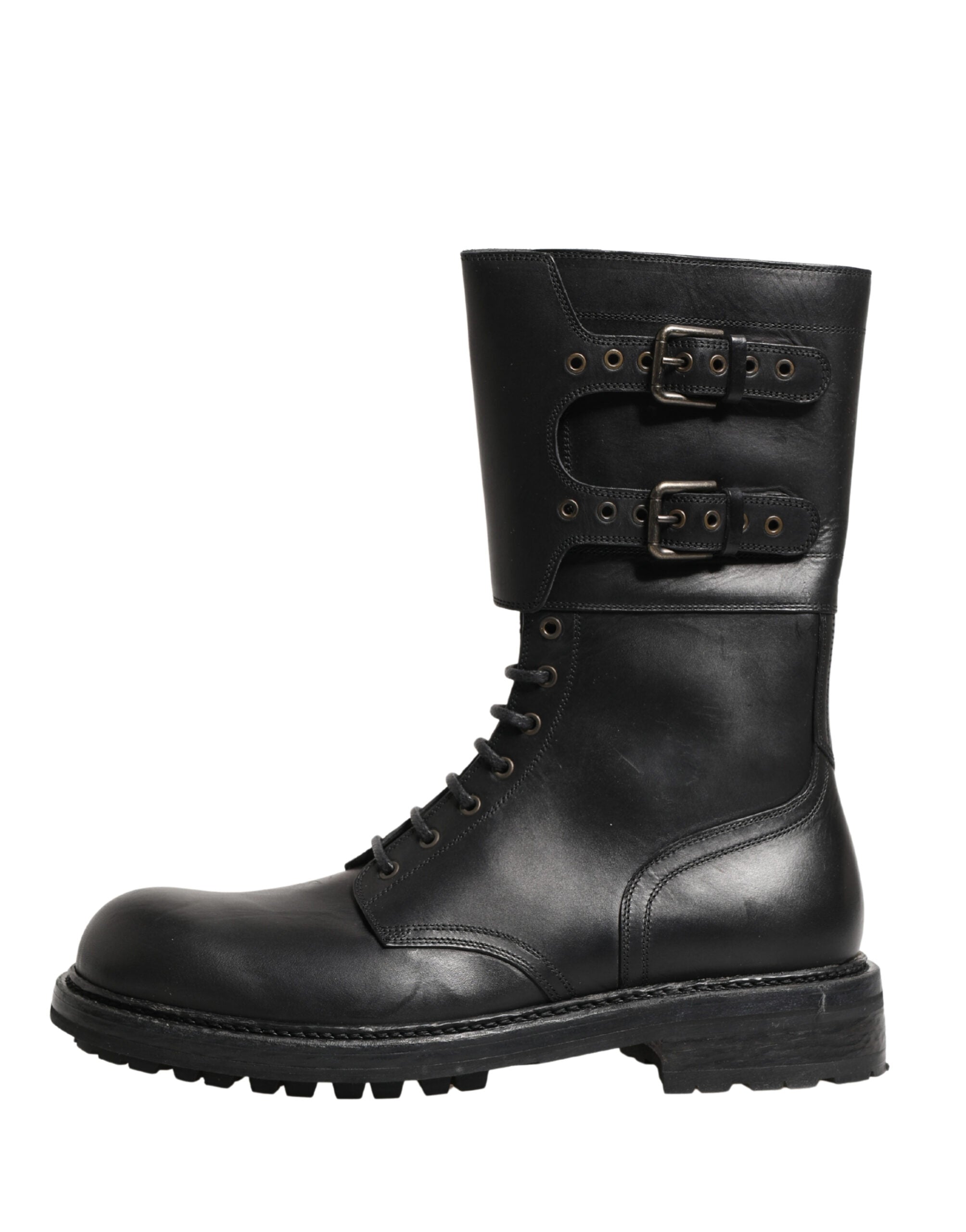 Dolce & Gabbana Black Leather Belted Buckle Combat Boots Shoes Dolce & Gabbana