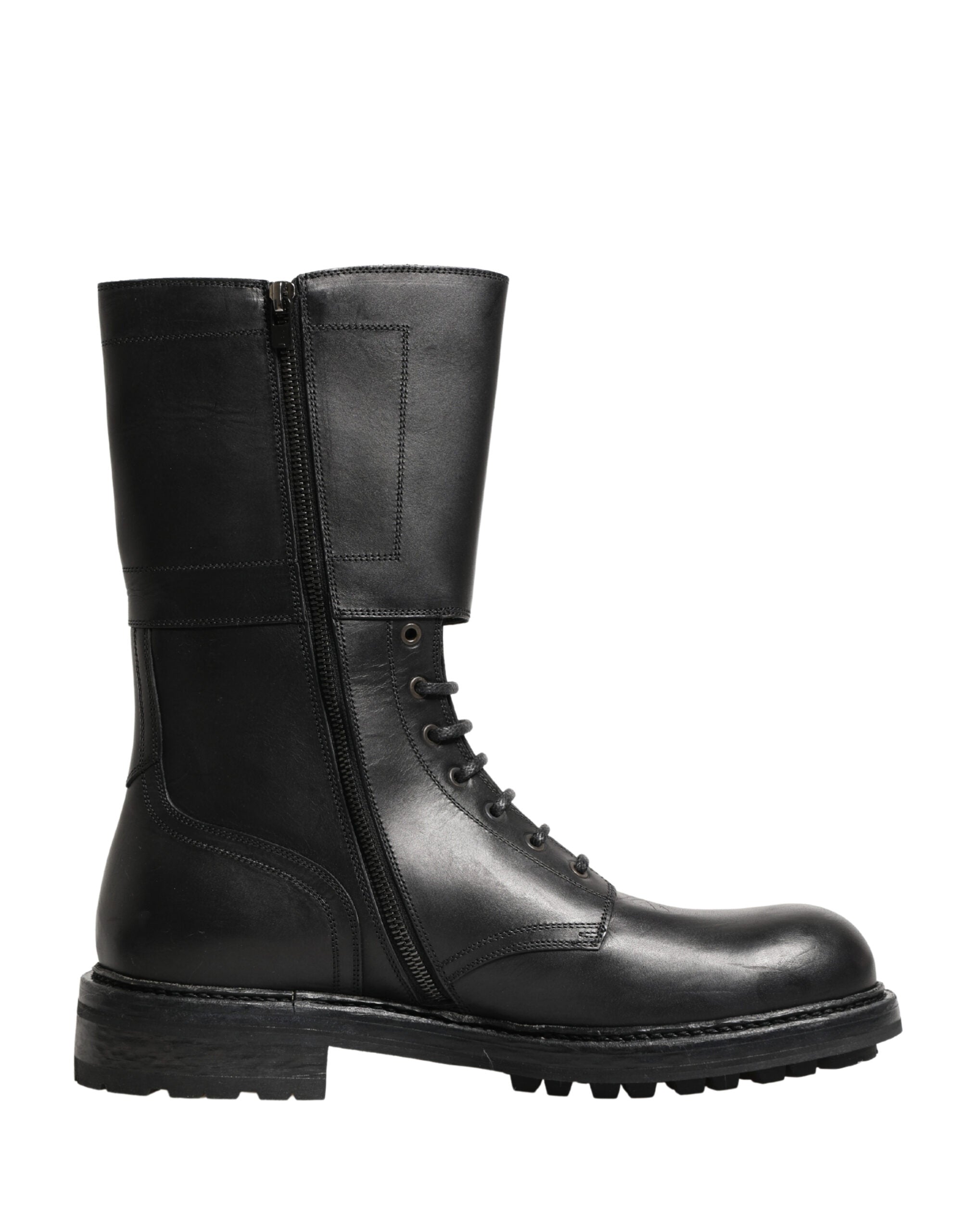 Dolce & Gabbana Black Leather Belted Buckle Combat Boots Shoes Dolce & Gabbana