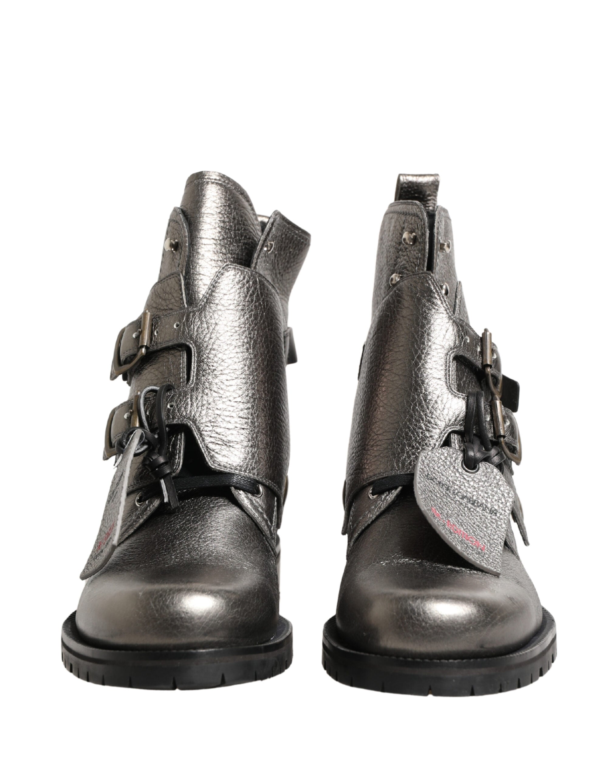 Dolce & Gabbana Metallic Silver Leather Buckle Ankle Boots Shoes Dolce & Gabbana