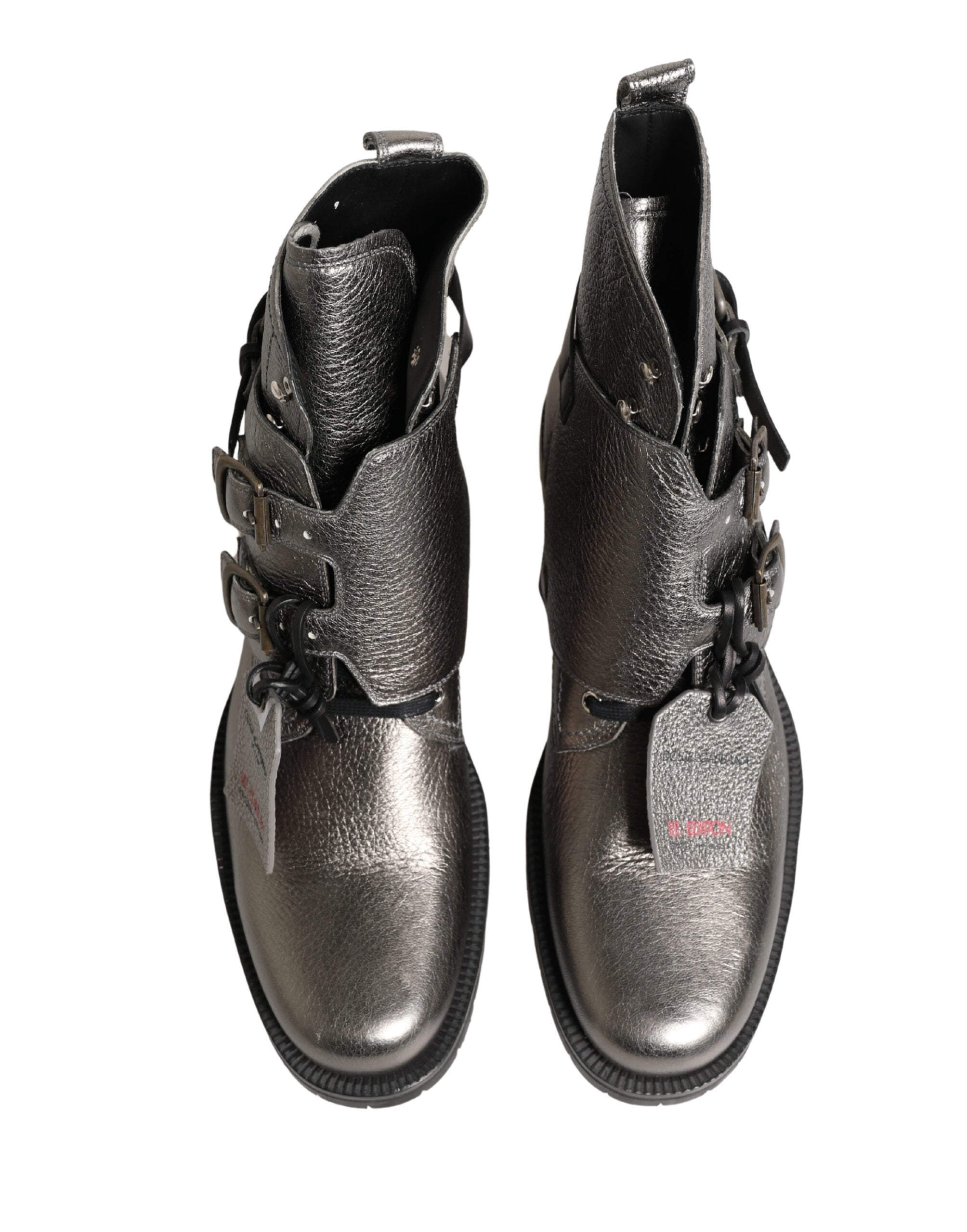 Dolce & Gabbana Metallic Silver Leather Buckle Ankle Boots Shoes Dolce & Gabbana