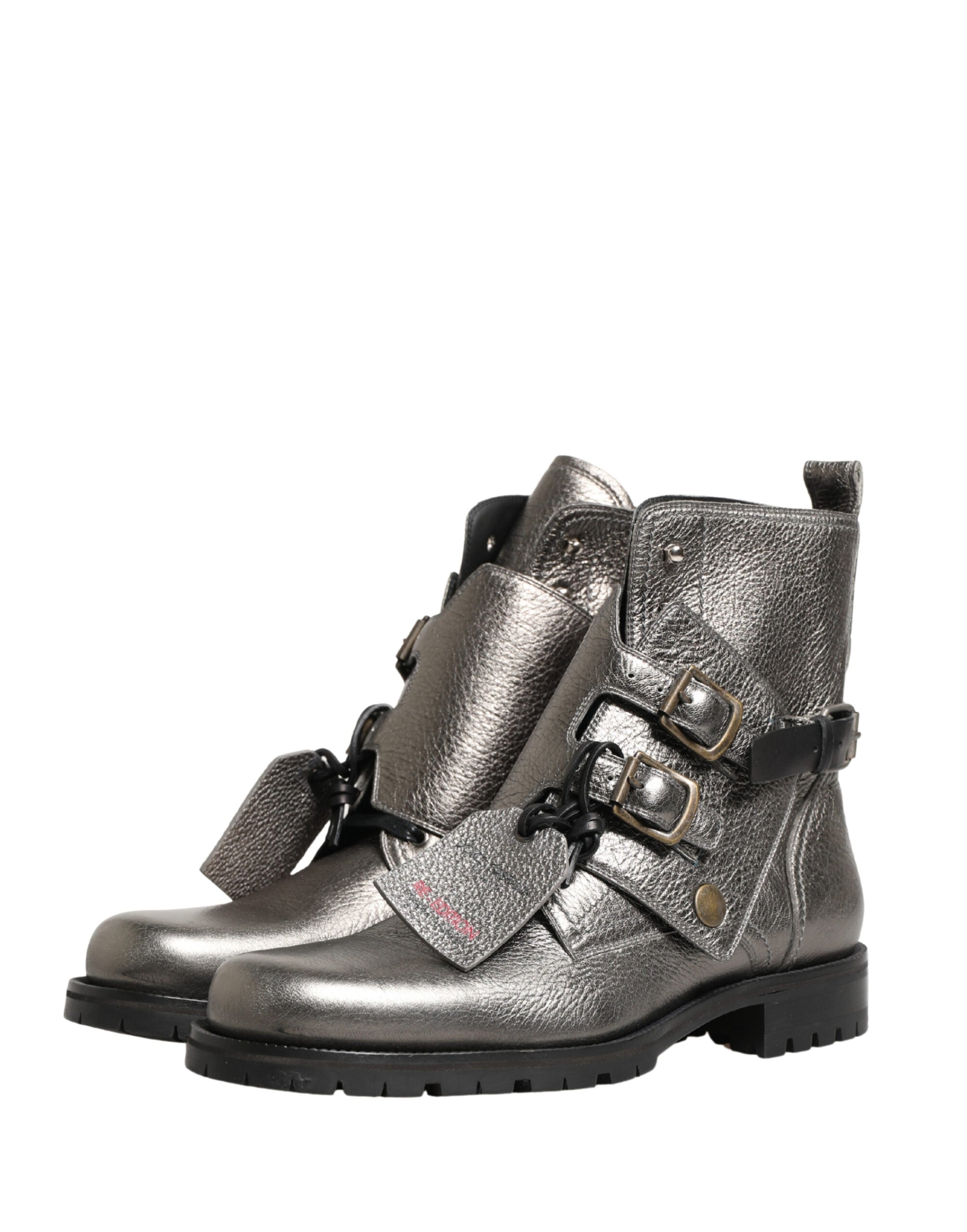 Dolce & Gabbana Metallic Silver Leather Buckle Ankle Boots Shoes Dolce & Gabbana