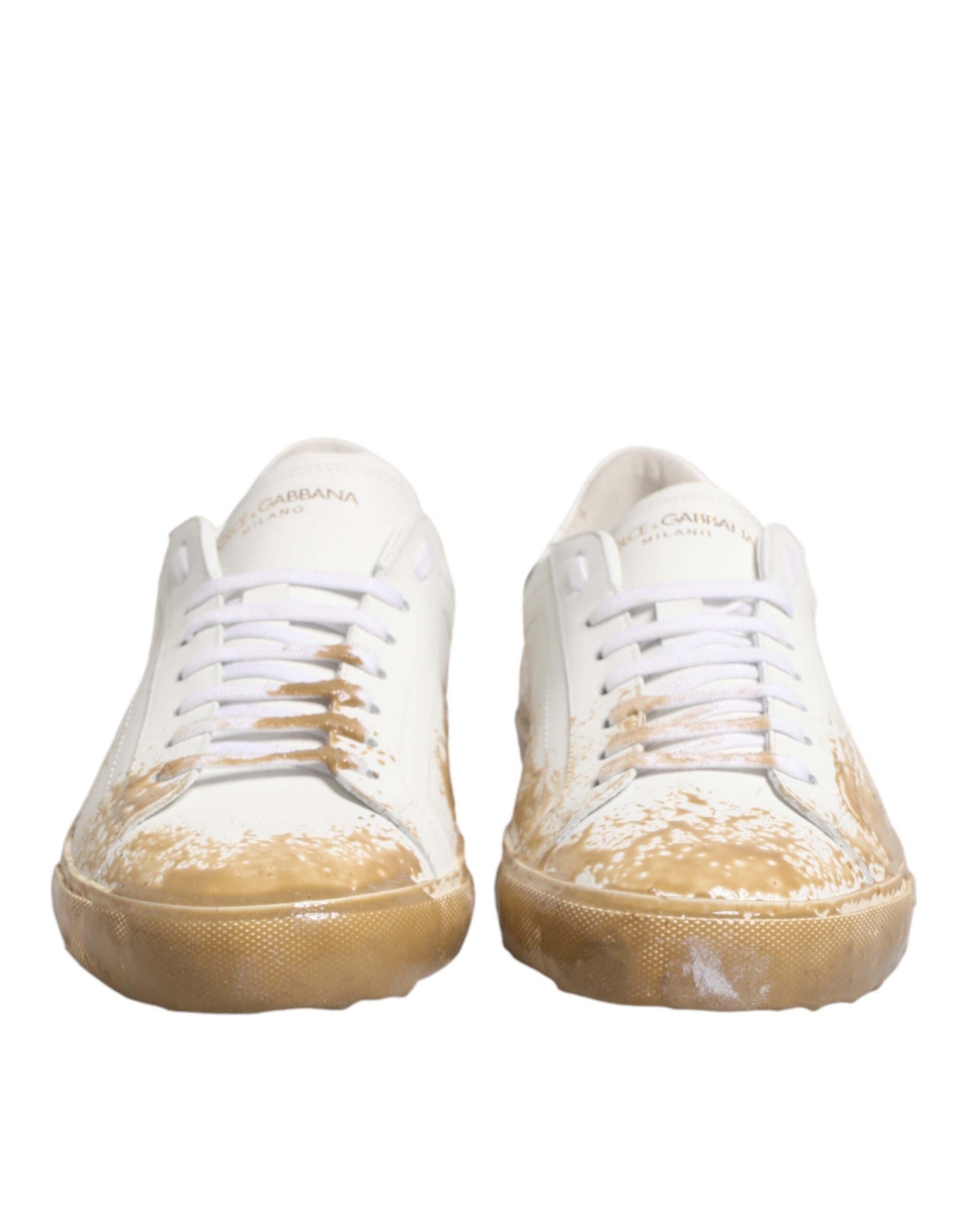 Dolce & Gabbana White Leather Paint Effect Low Top Sneakers  Shoes Dolce & Gabbana