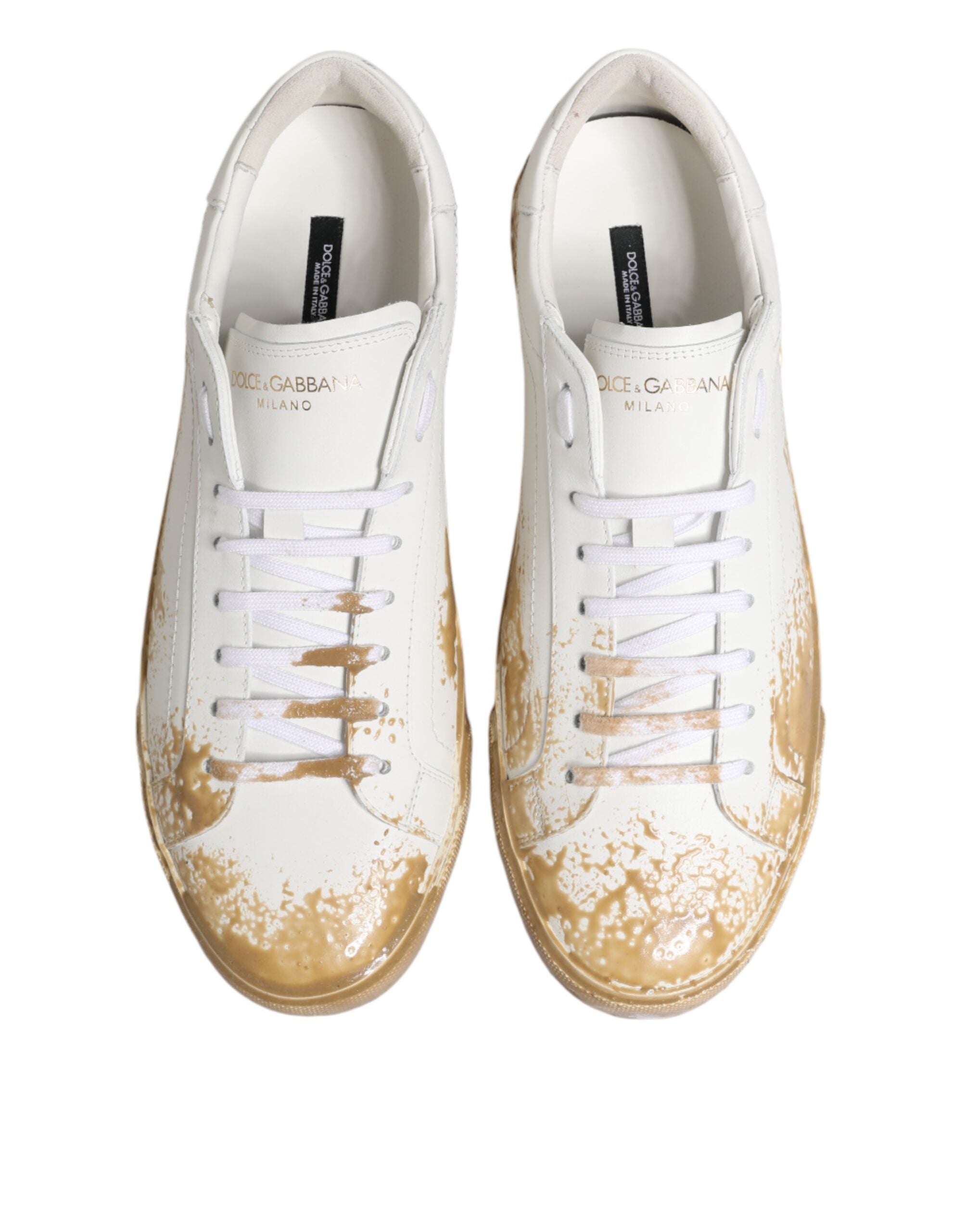 Dolce & Gabbana White Leather Paint Effect Low Top Sneakers  Shoes Dolce & Gabbana