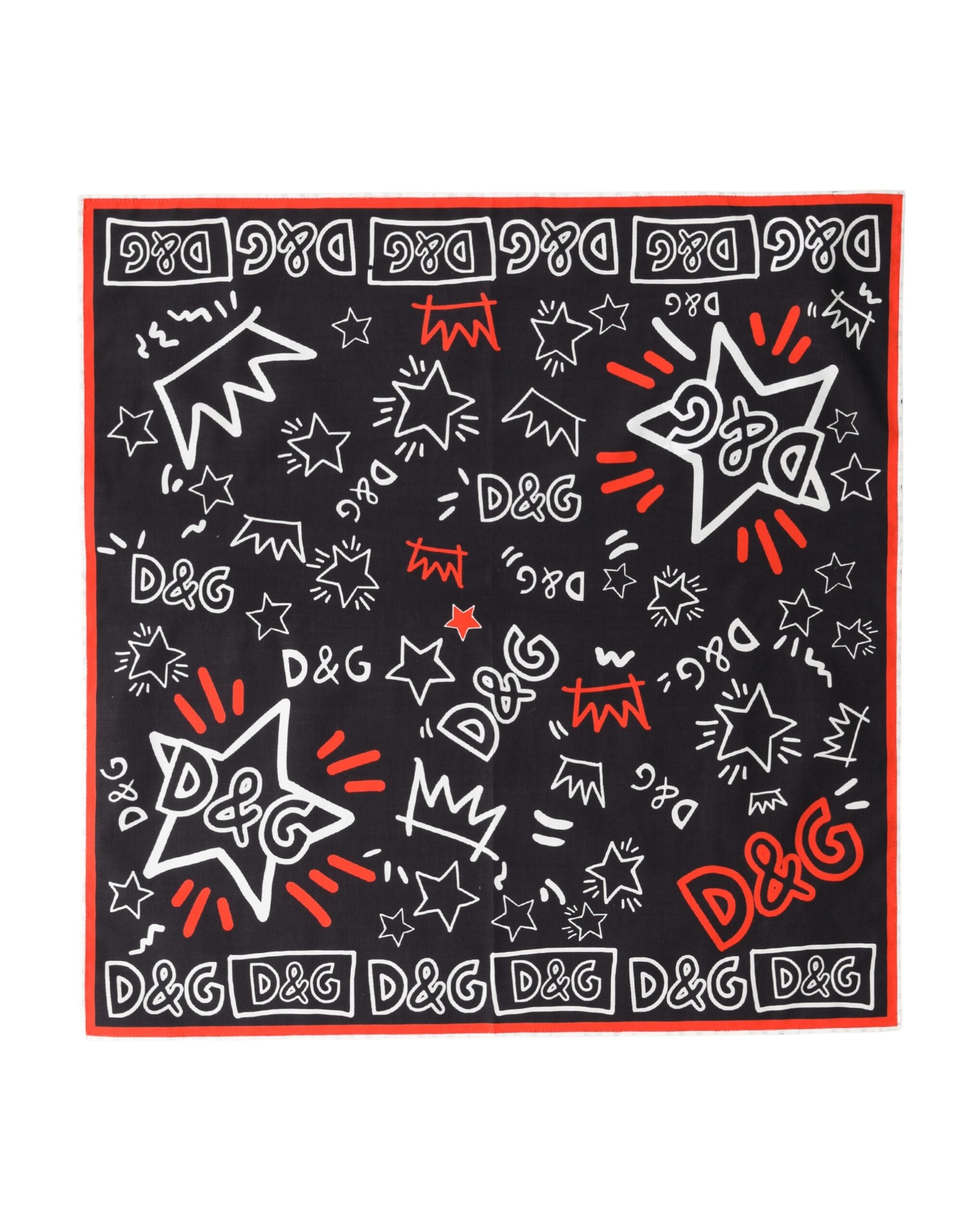 Dolce & Gabbana Black White Red DG Crown Cotton Foulard 47cm x 46cm Scarf Dolce & Gabbana