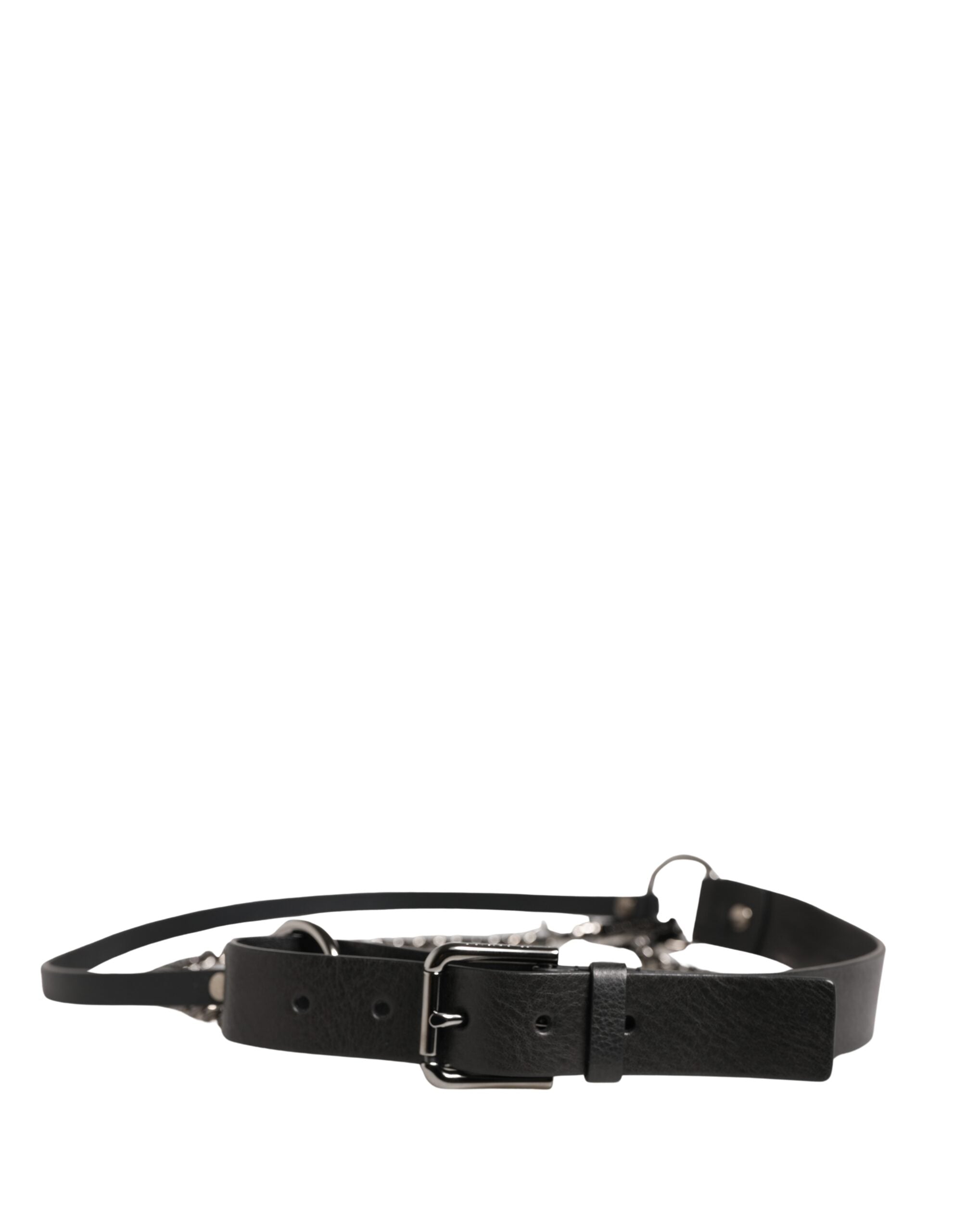 Dolce & Gabbana Black Leather Silver Chain Waist Men Belt Dolce & Gabbana