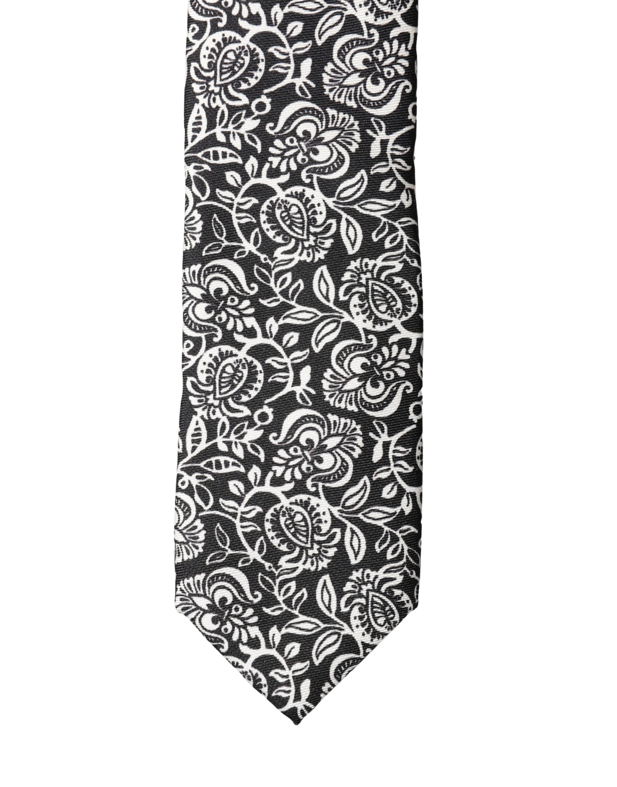 Dolce & Gabbana Black White Floral Fantasy Silk Adjustable Necktie Tie Dolce & Gabbana