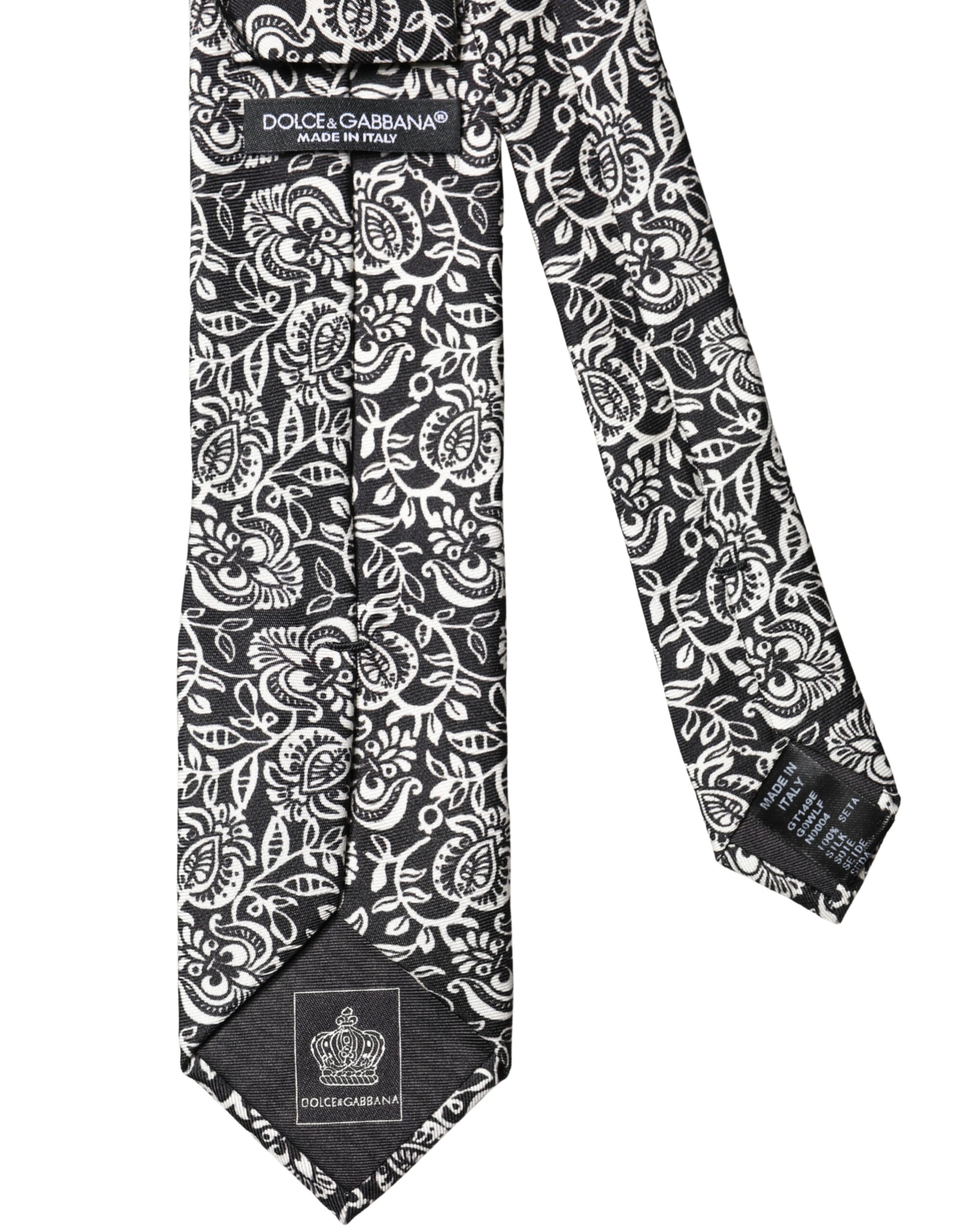 Dolce & Gabbana Black White Floral Fantasy Silk Adjustable Necktie Tie Dolce & Gabbana