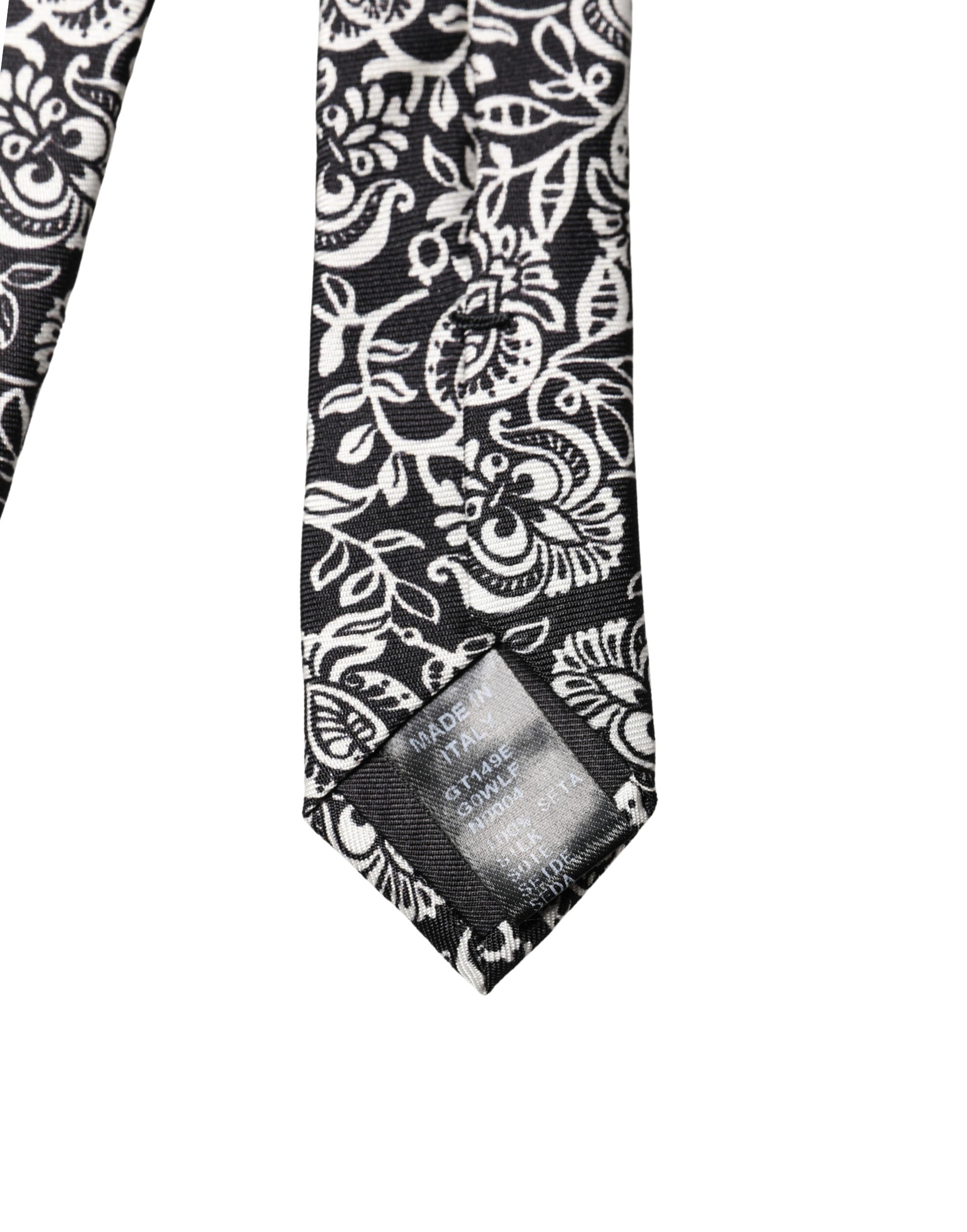 Dolce & Gabbana Black White Floral Fantasy Silk Adjustable Necktie Tie Dolce & Gabbana