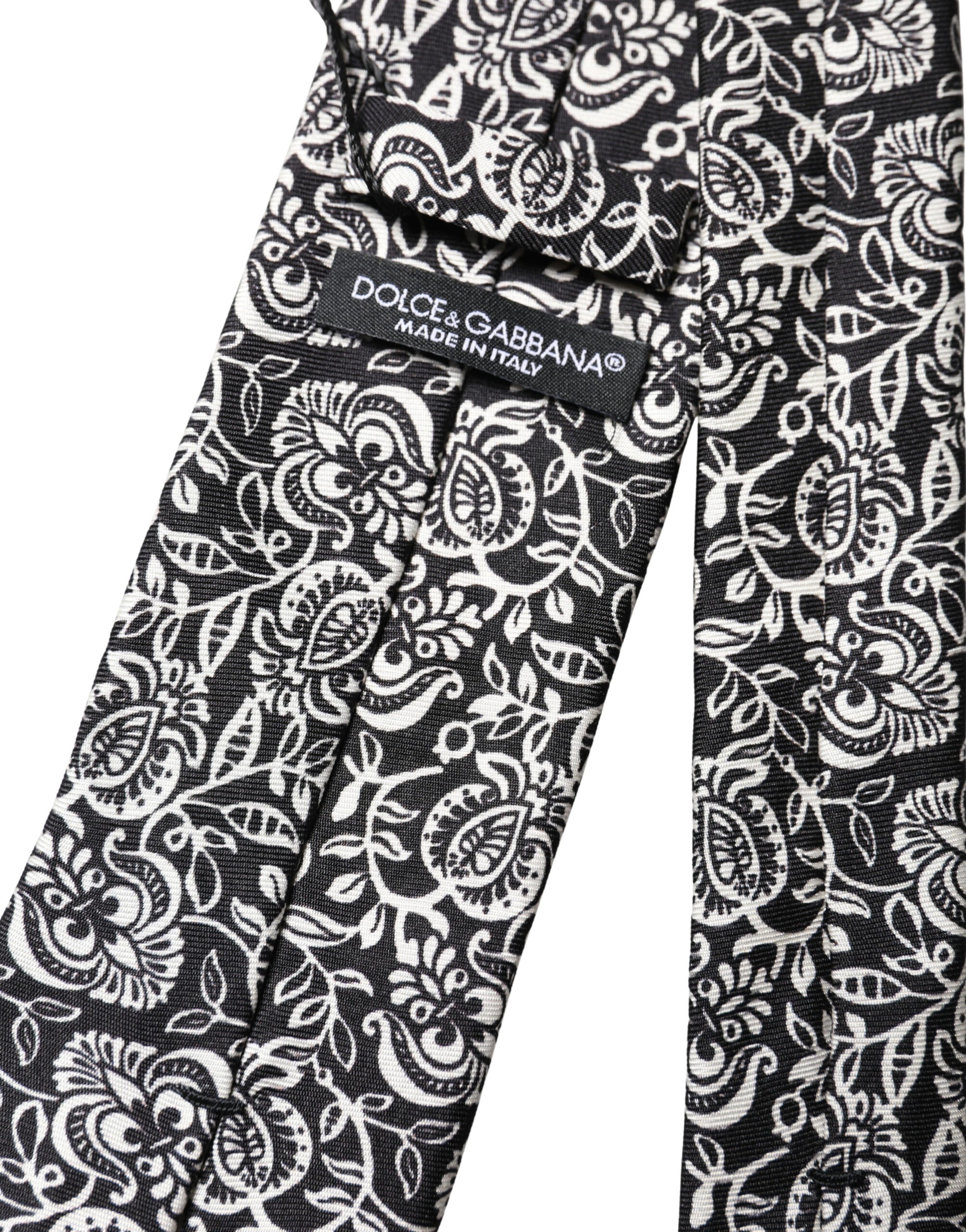 Dolce & Gabbana Black White Floral Fantasy Silk Adjustable Necktie Tie Dolce & Gabbana