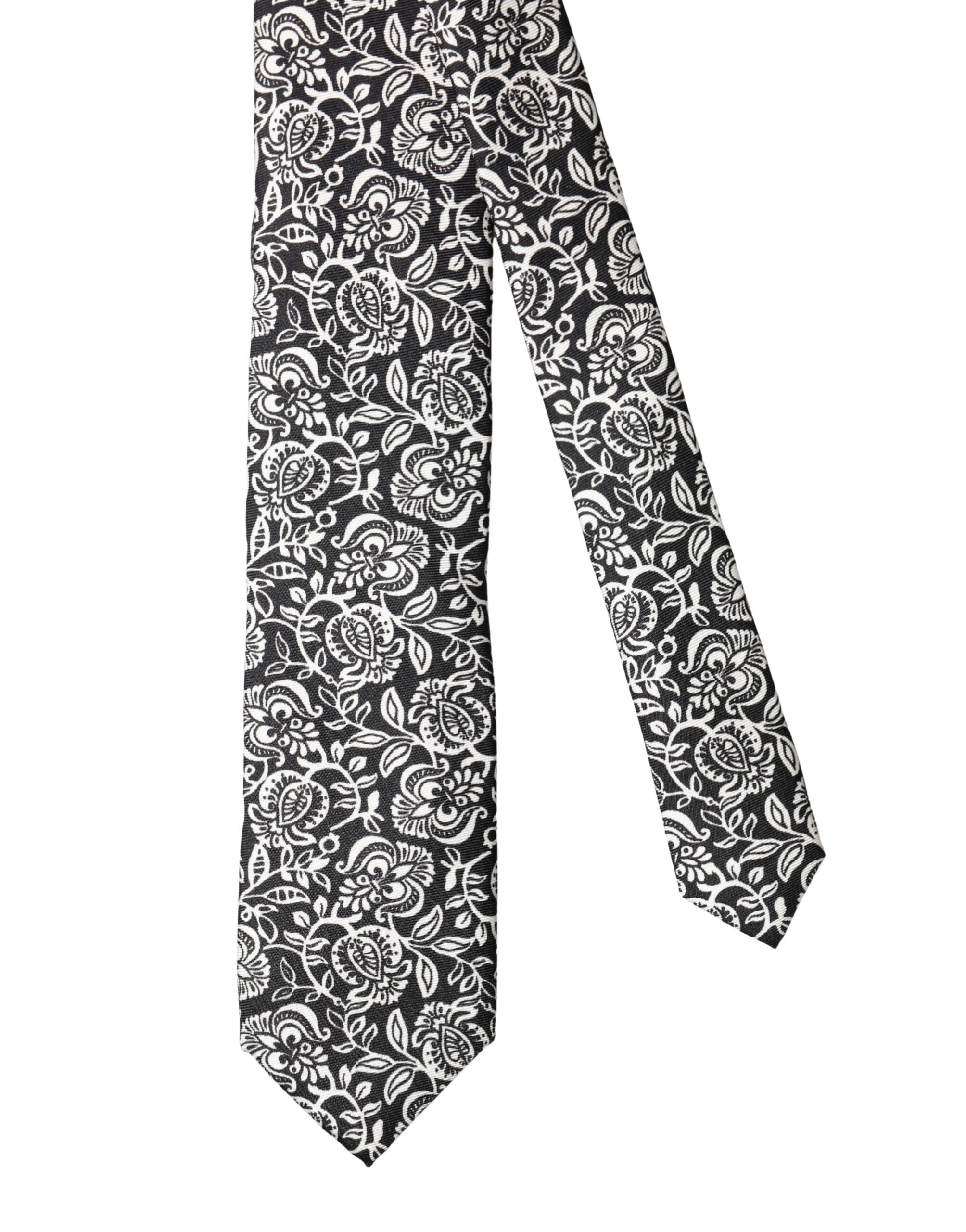 Dolce & Gabbana Black White Floral Fantasy Silk Adjustable Necktie Tie Dolce & Gabbana