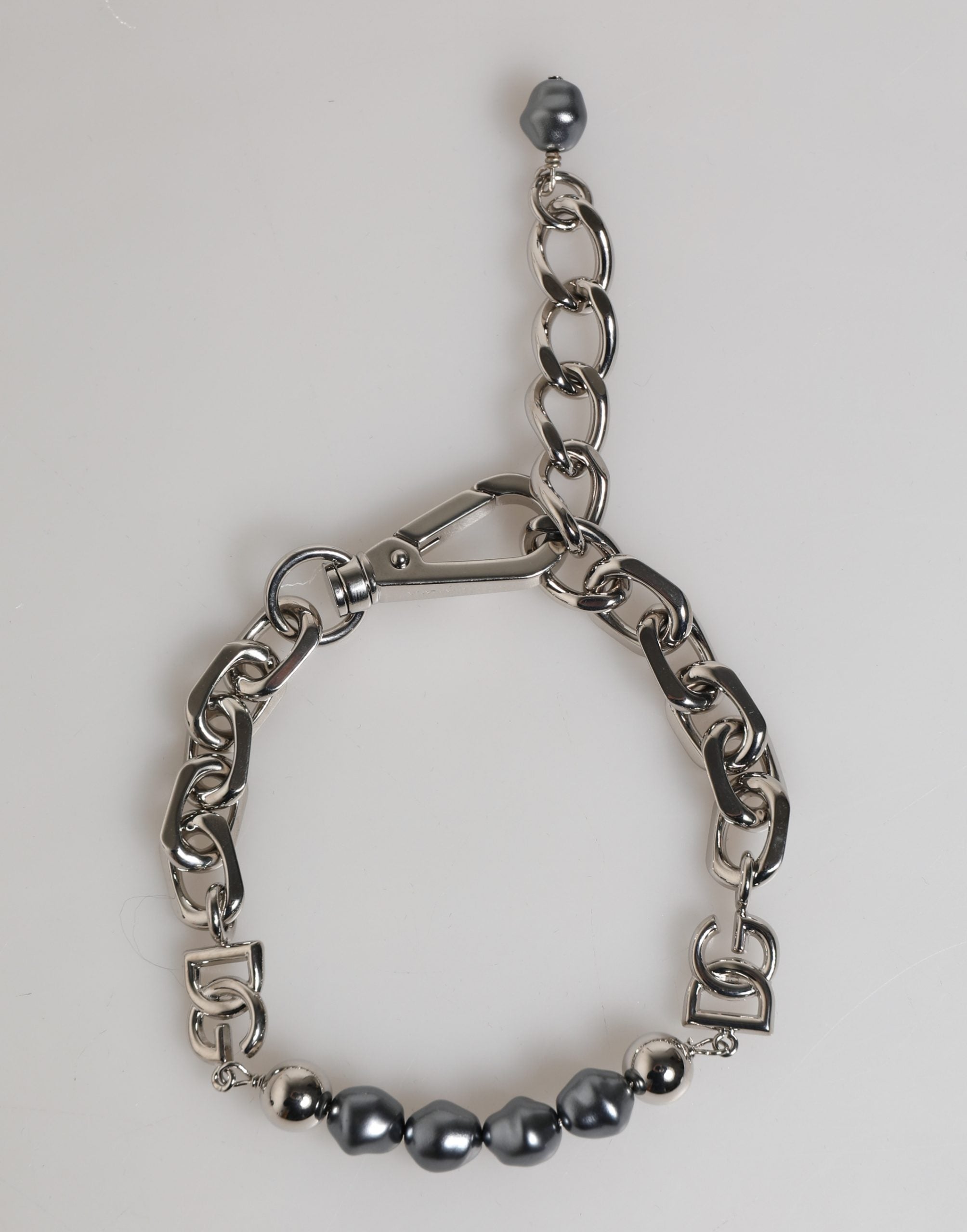 Dolce & Gabbana Silver Tone Chain Lobster Clasp Logo Gray Pearls Bracelet Dolce & Gabbana