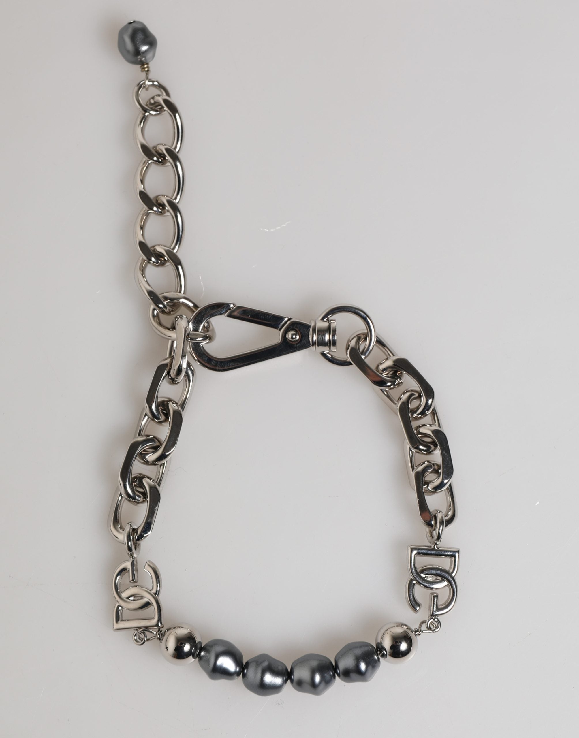 Dolce & Gabbana Silver Tone Chain Lobster Clasp Logo Gray Pearls Bracelet Dolce & Gabbana