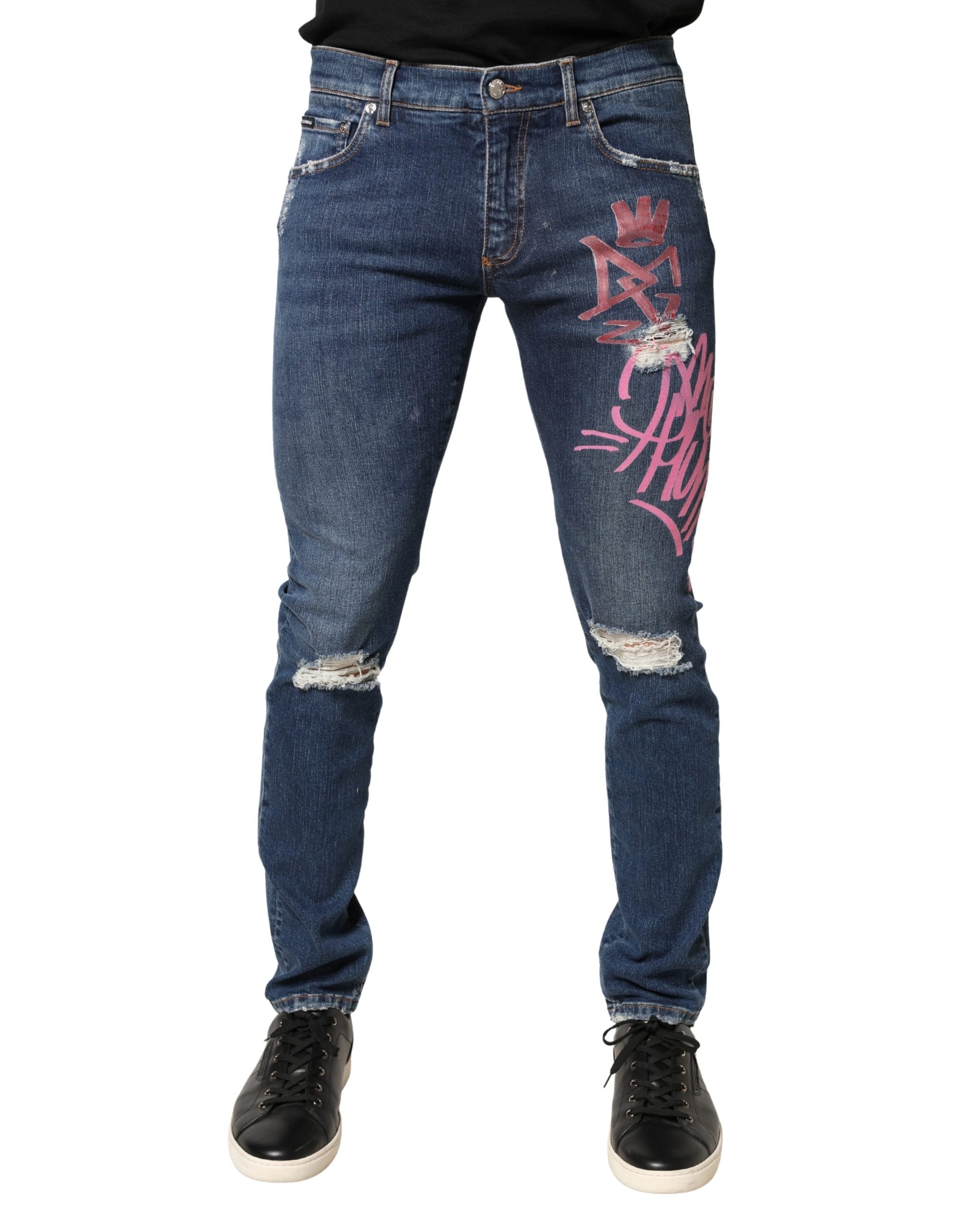Dolce & Gabbana Blue Distressed Graffiti Print Skinny Jeans Dolce & Gabbana