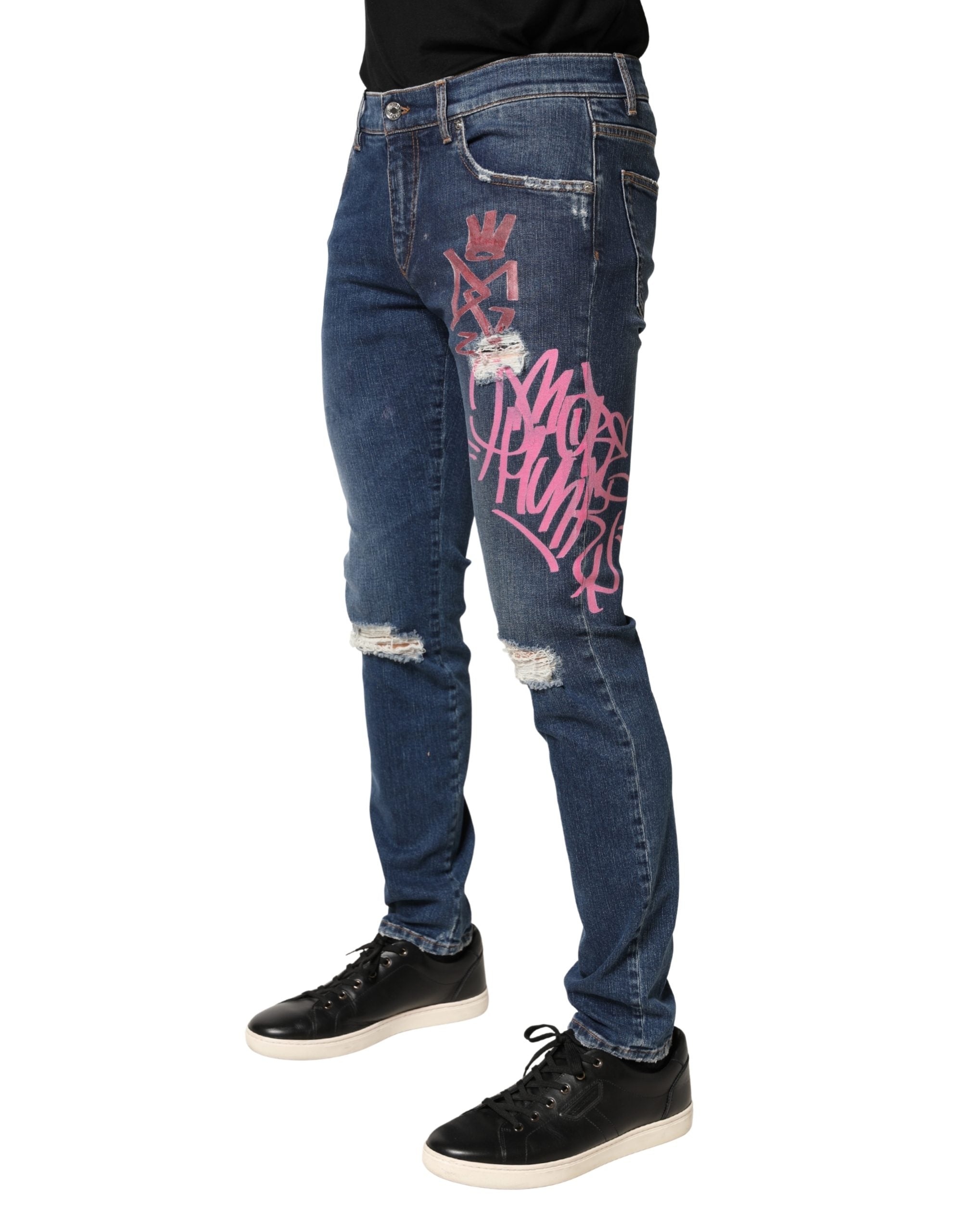 Dolce & Gabbana Blue Distressed Graffiti Print Skinny Jeans Dolce & Gabbana