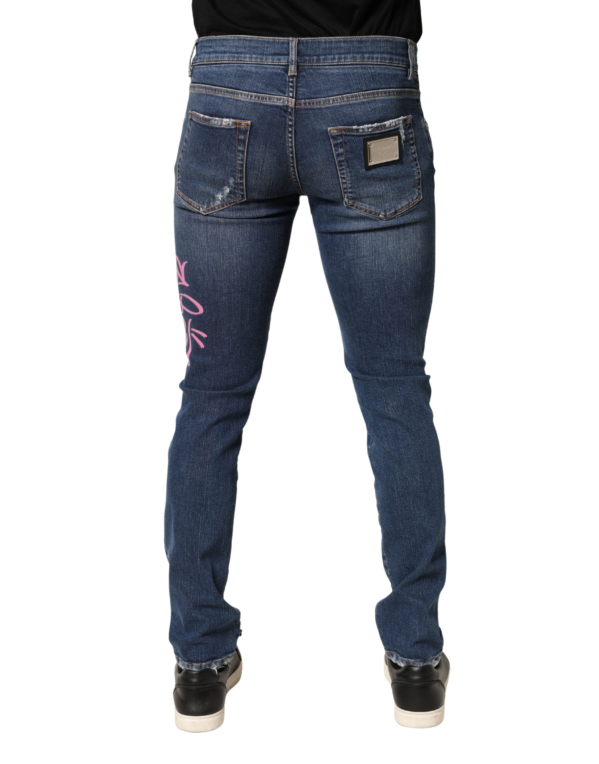Dolce & Gabbana Blue Distressed Graffiti Print Skinny Jeans Dolce & Gabbana