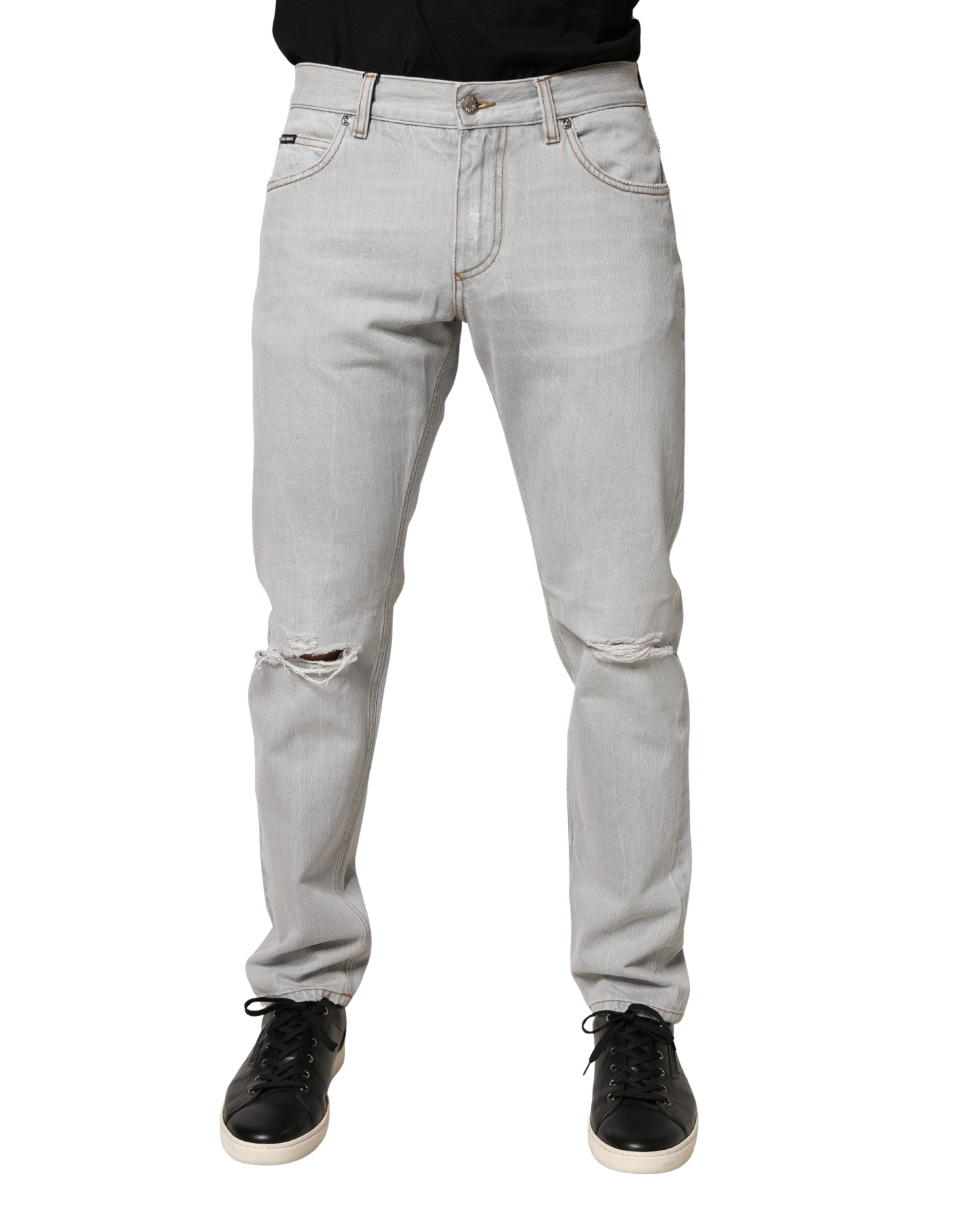 Dolce & Gabbana Light Gray Ripped Cotton Regular Denim Jeans Dolce & Gabbana