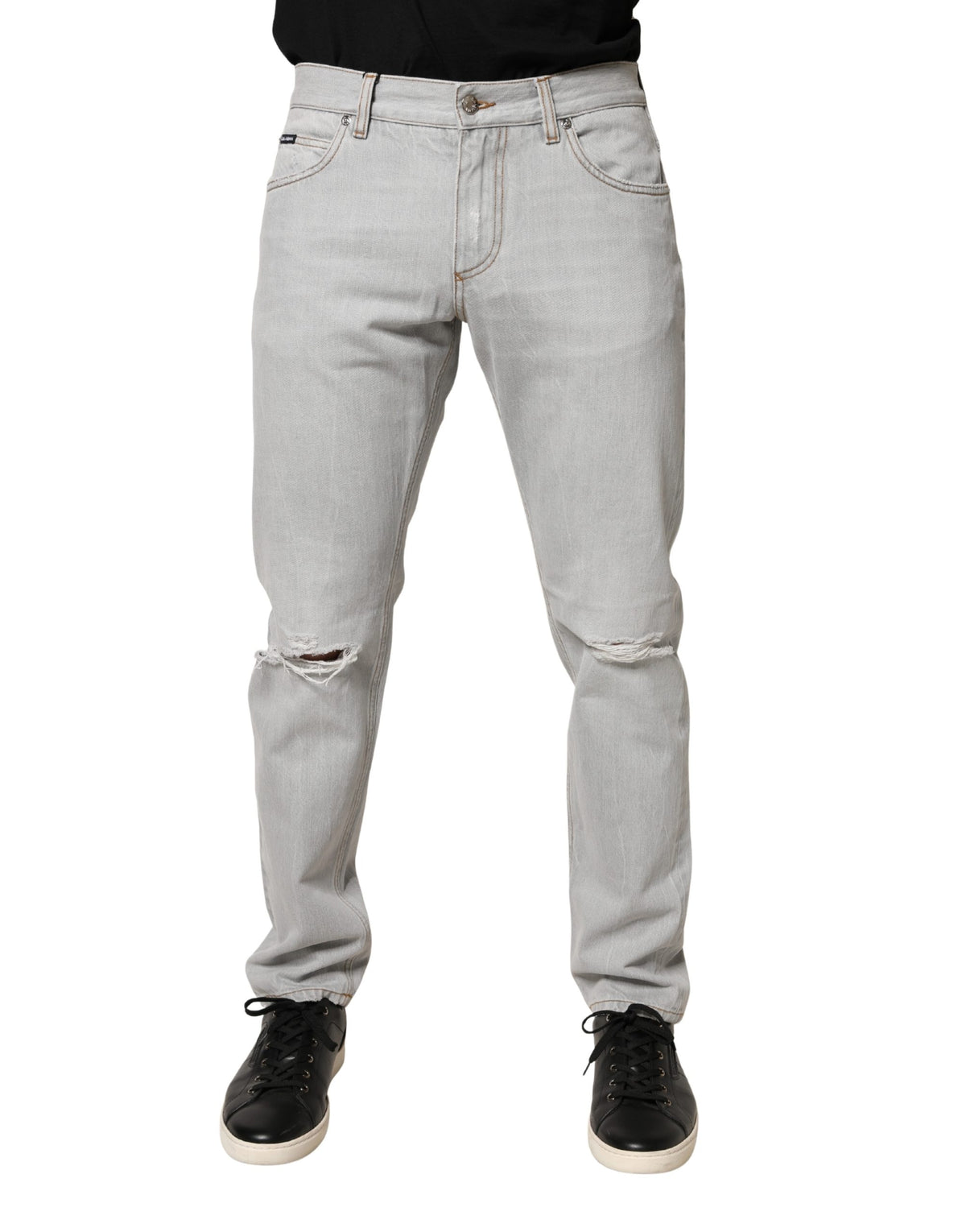 Dolce & Gabbana Light Gray Ripped Cotton Regular Denim Jeans