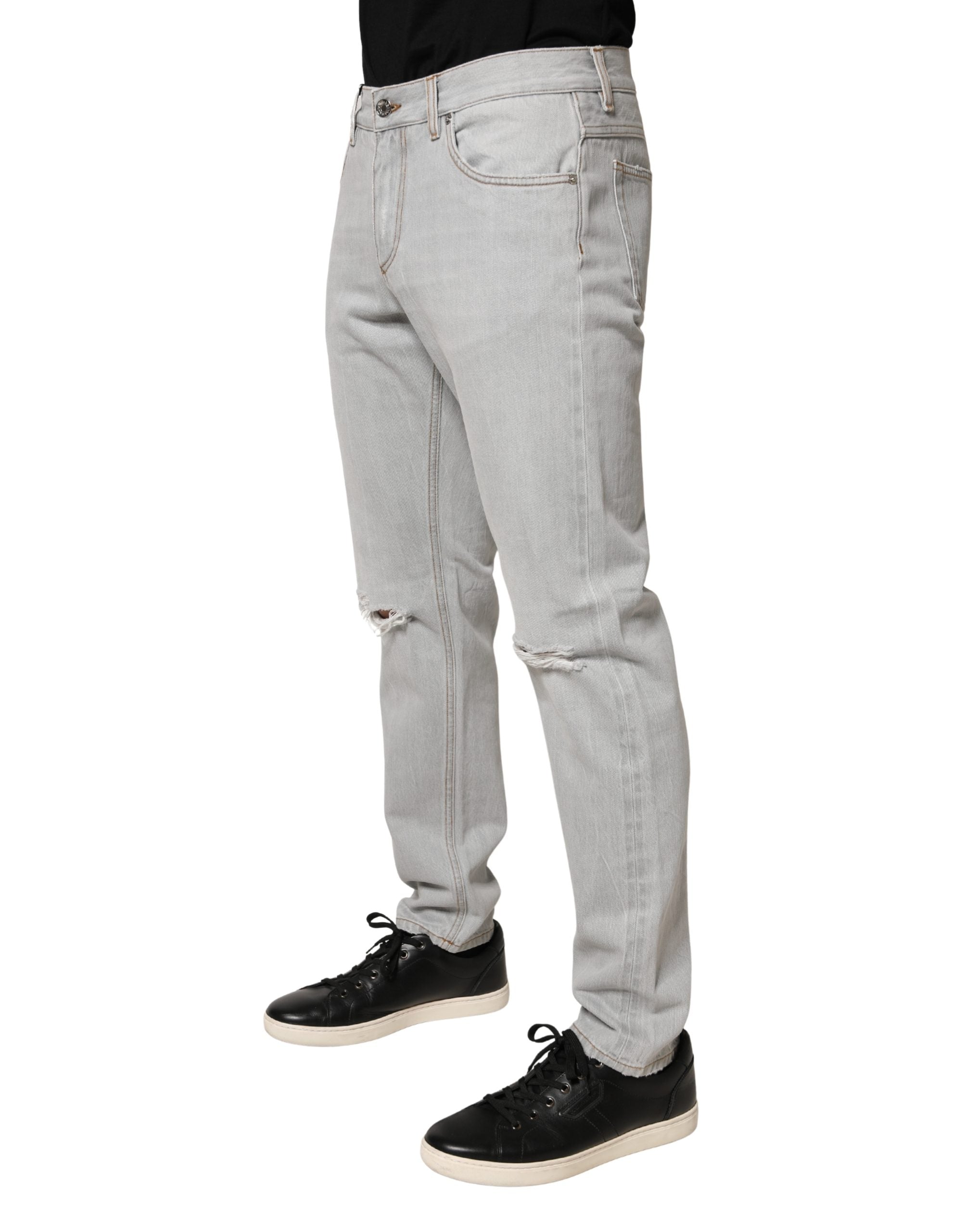 Dolce & Gabbana Light Gray Ripped Cotton Regular Denim Jeans Dolce & Gabbana